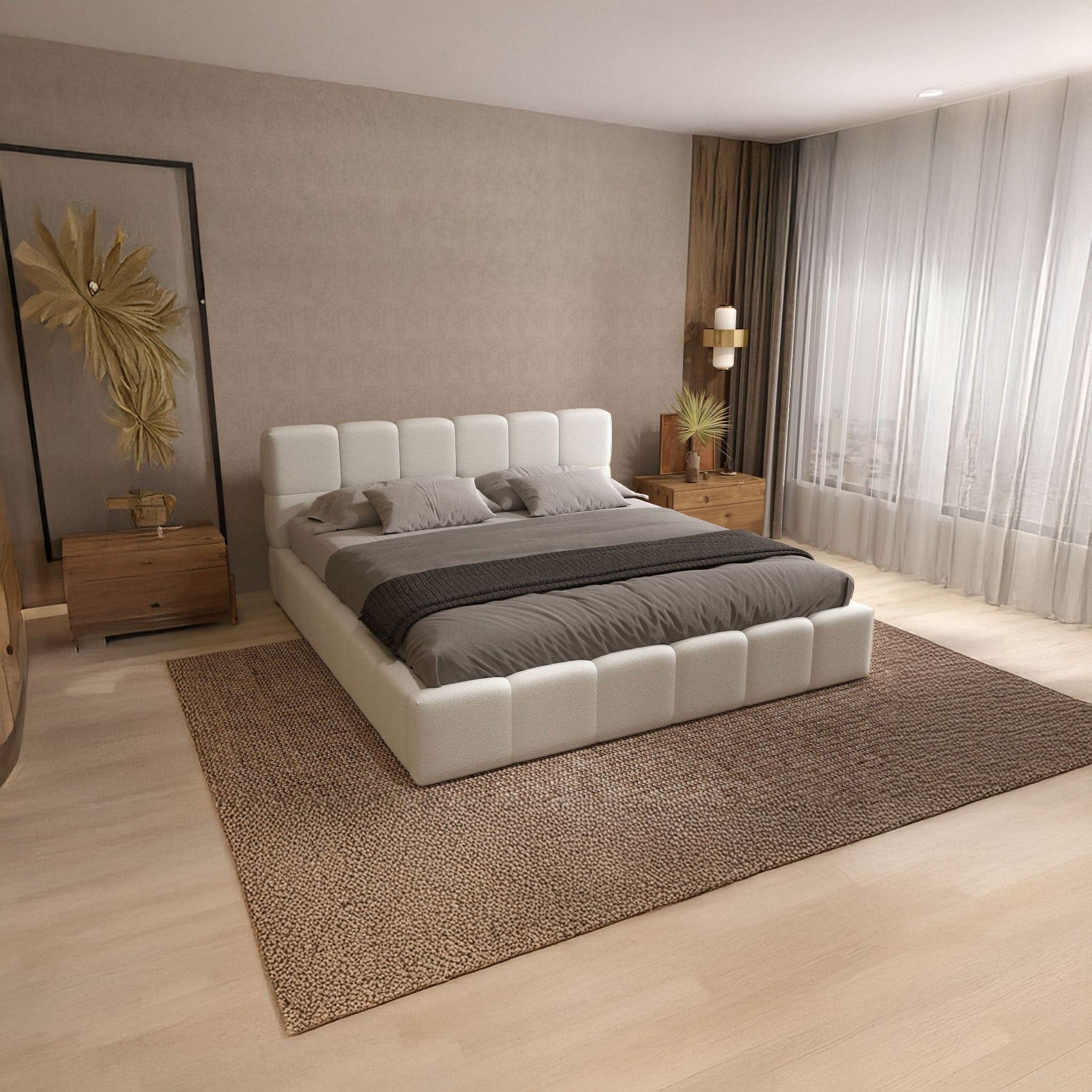 Pat dormitor dumonde, tapitat alb, Barcelona 160x200 cm, somiera rabatabila inclusa, spatiu depozitare WLS