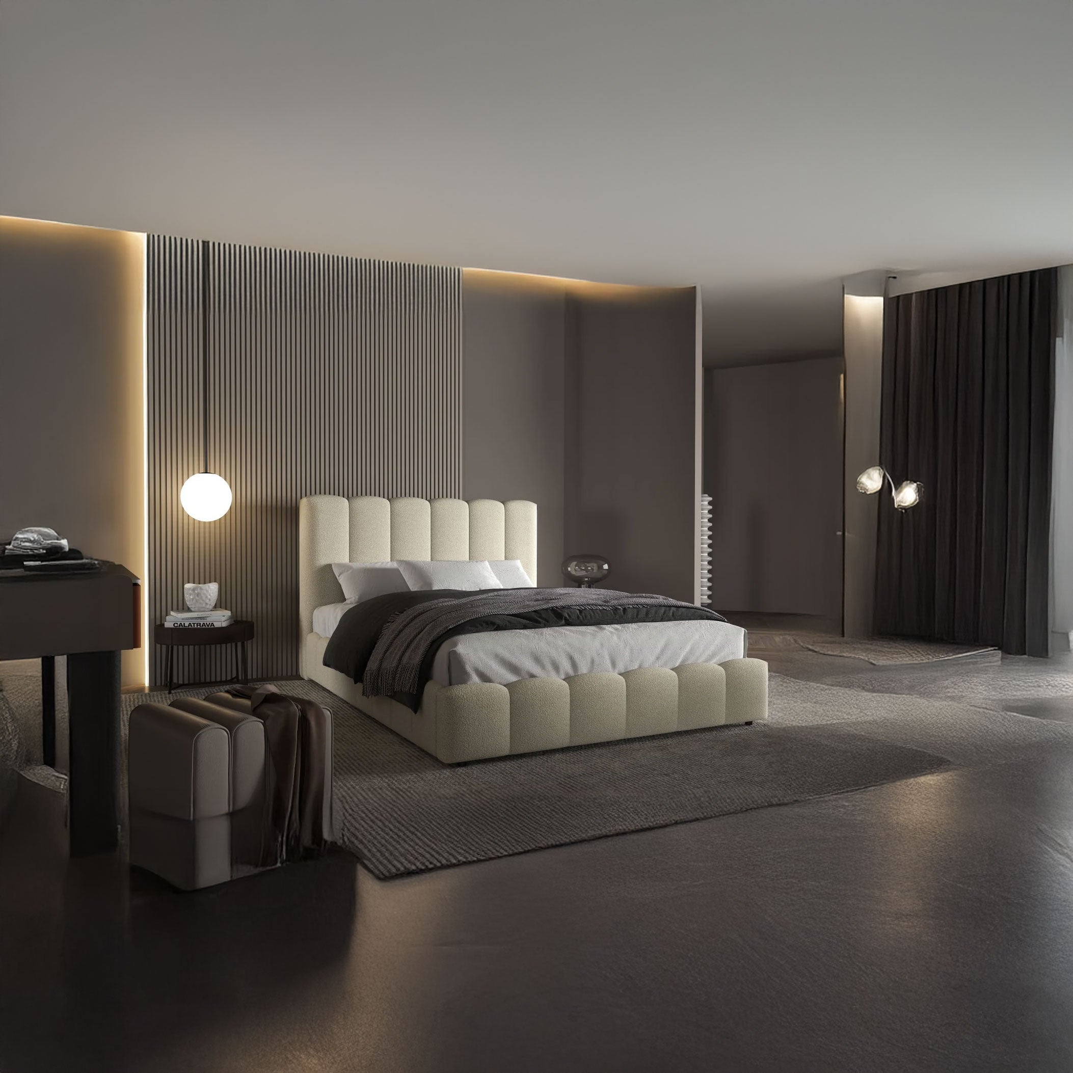 Pat dormitor dumonde, tapitat bej, Milano 180x200 cm, somiera rabatabila inclusa, spatiu depozitare WLS