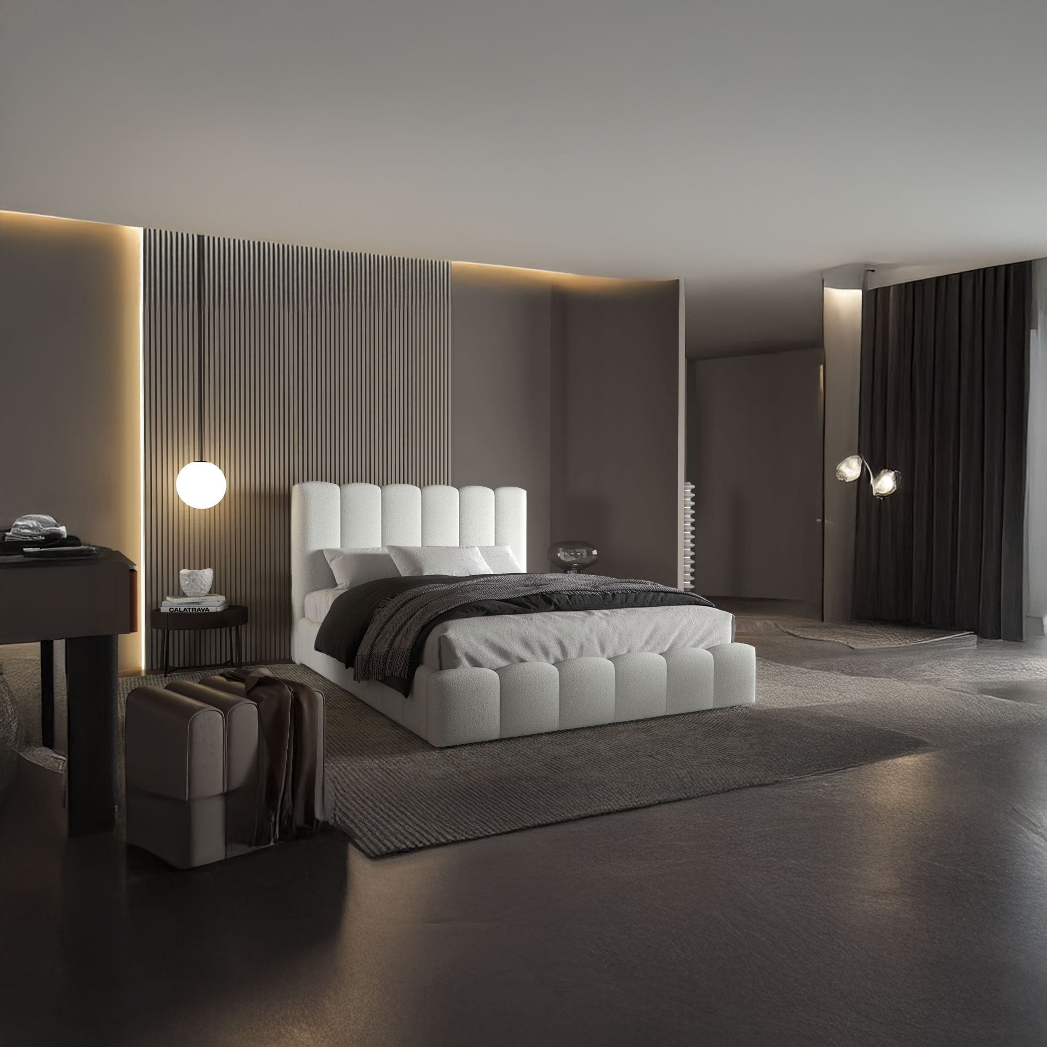 Pat dormitor dumonde, tapitat alb, Milano 160x200 cm, somiera rabatabila inclusa, spatiu depozitare WLS