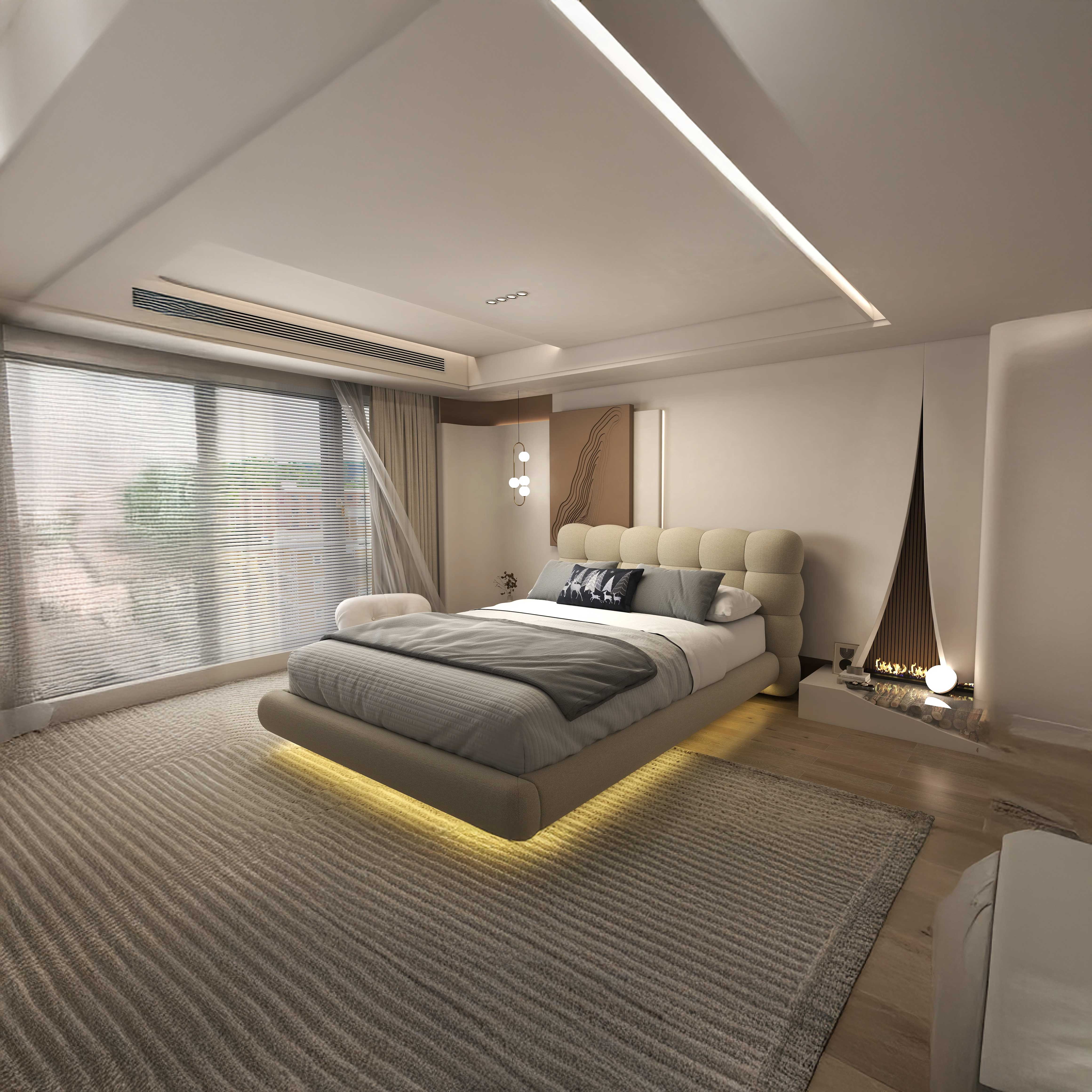 Pat dormitor dumonde, tapitat bej cu LED, "floating bed" Cloud 160x200 cm, somiera inclusa WLS