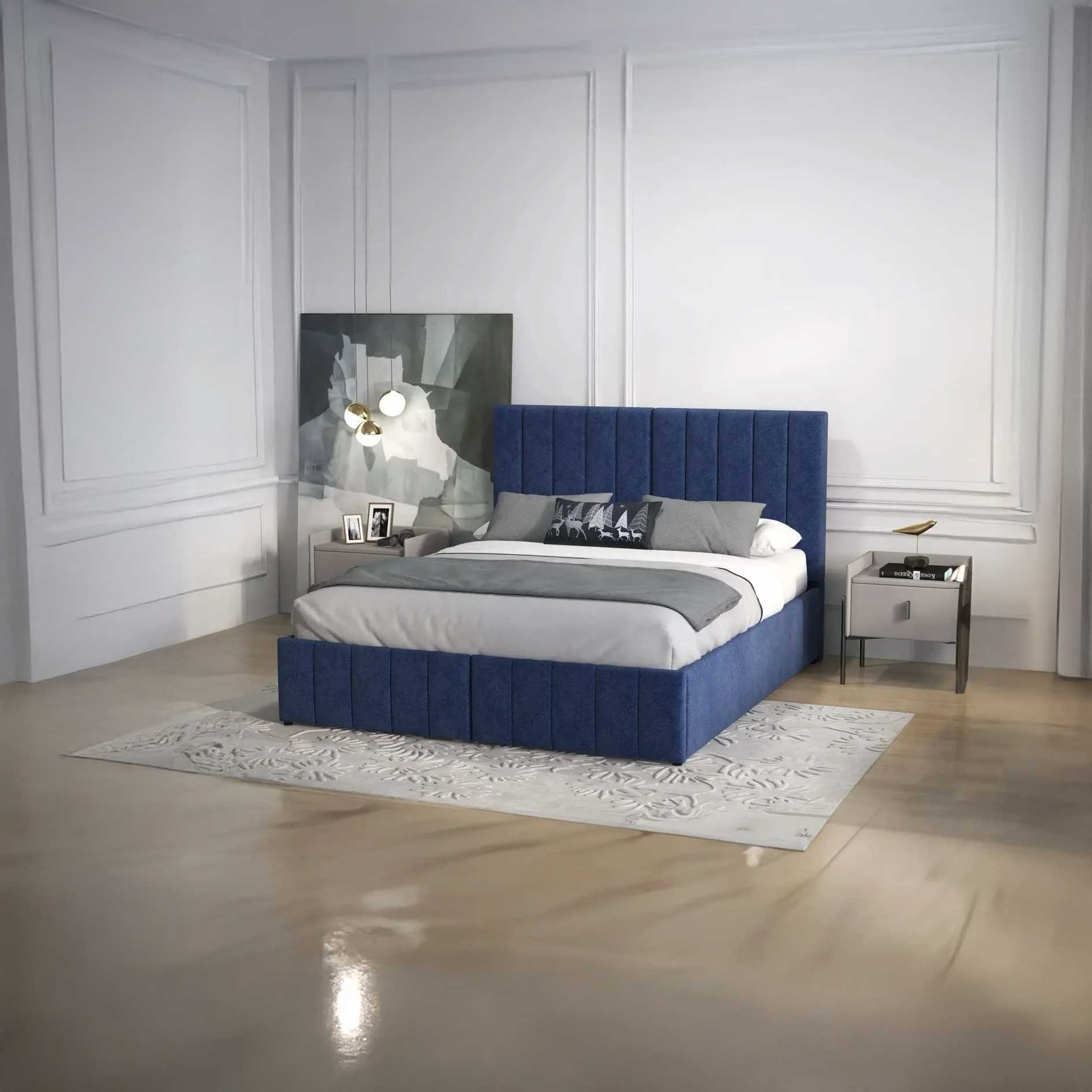 Pat dormitor dumonde, tapitat albastru, Santiago 160x200 cm, somiera rabatabila inclusa, spatiu depozitare WLS