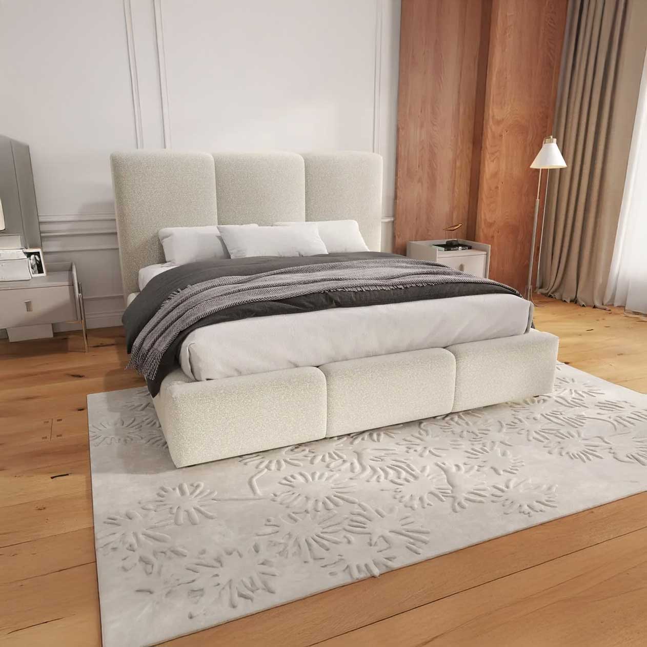 Pat dormitor dumonde, tapitat bej, Dinasty 160x200 cm, somiera rabatabila inclusa, spatiu depozitare