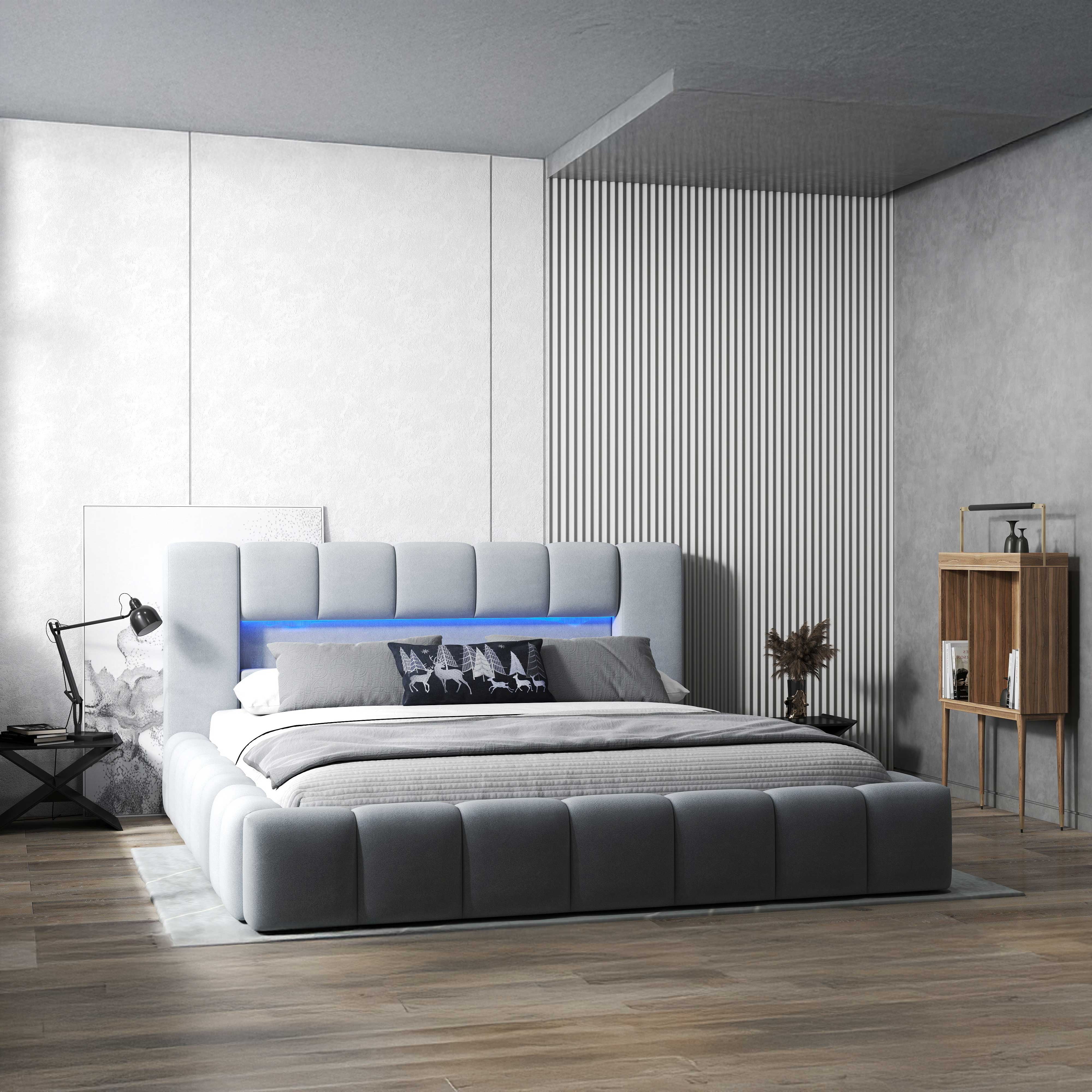 Pat dormitor dumonde, tapitat gri cu LED si USB, Palermo 160x200 cm, somiera rabatabila inclusa, spatiu depozitare