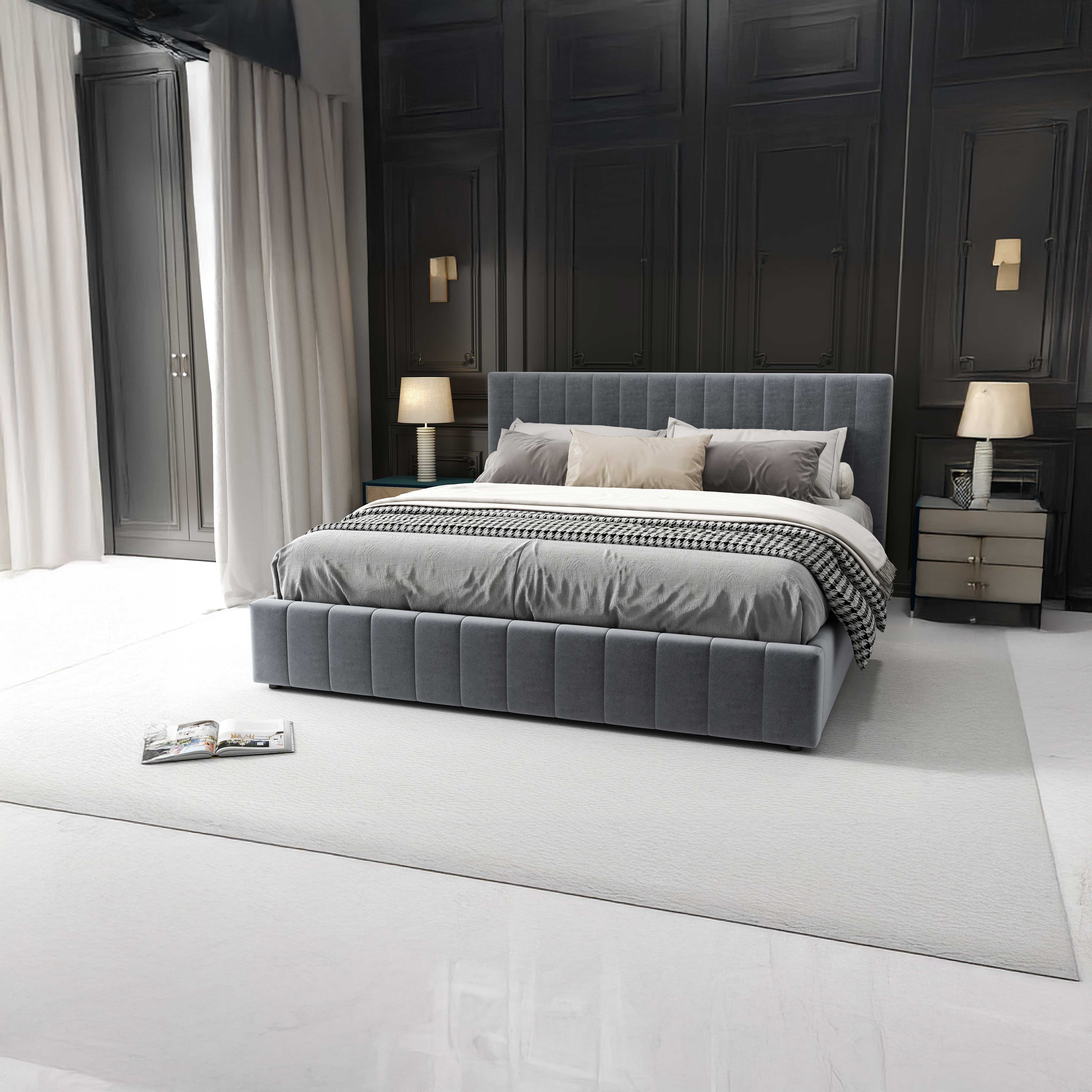 Pat dormitor dumonde, tapitat gri, Gloria 180x200 cm, somiera rabatabila inclusa, spatiu depozitare WLS