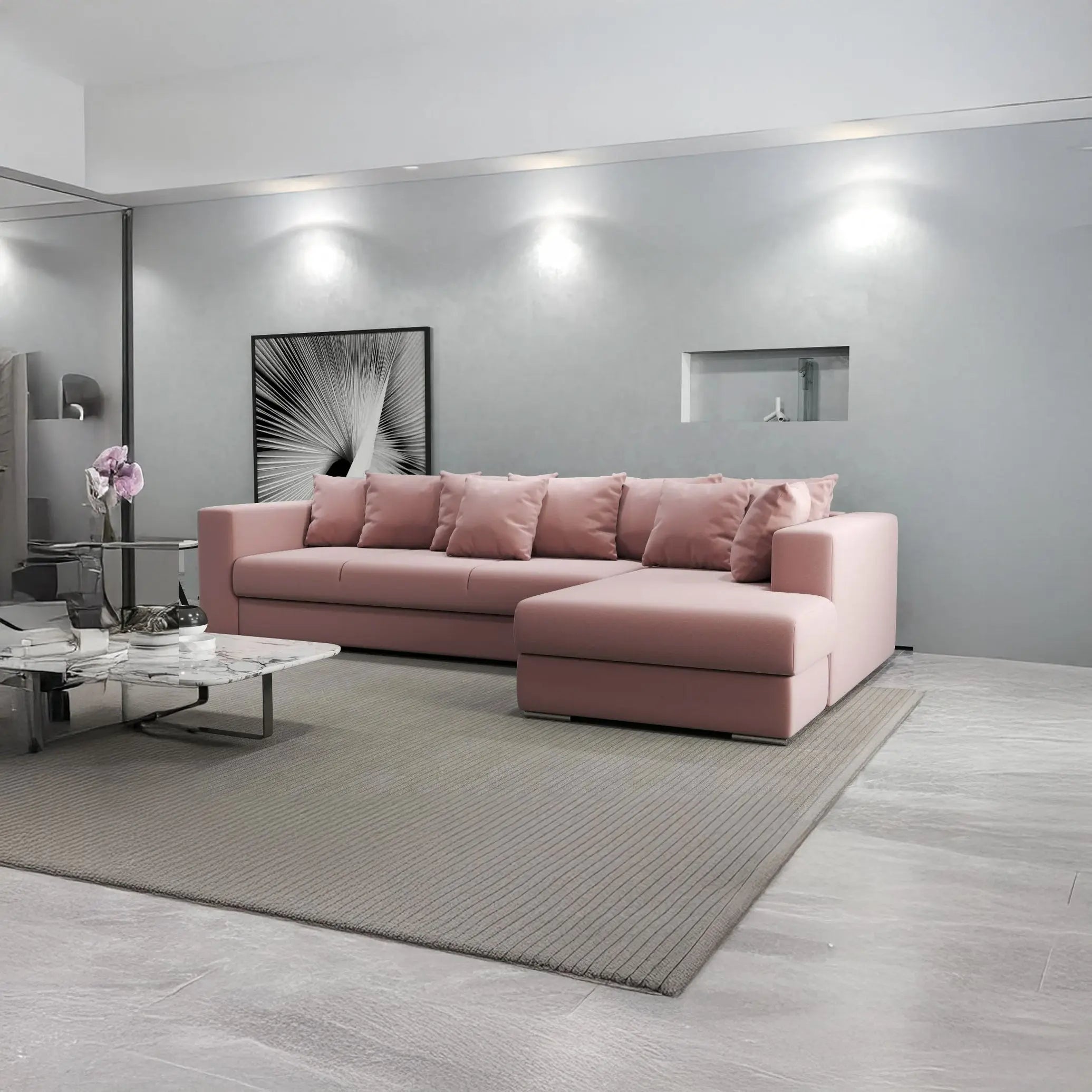 Colțar extensibil dumonde cu ladă de depozitare si sezut confortabil din spuma HR, Gloria Pink II 320x183 cm Fabrica