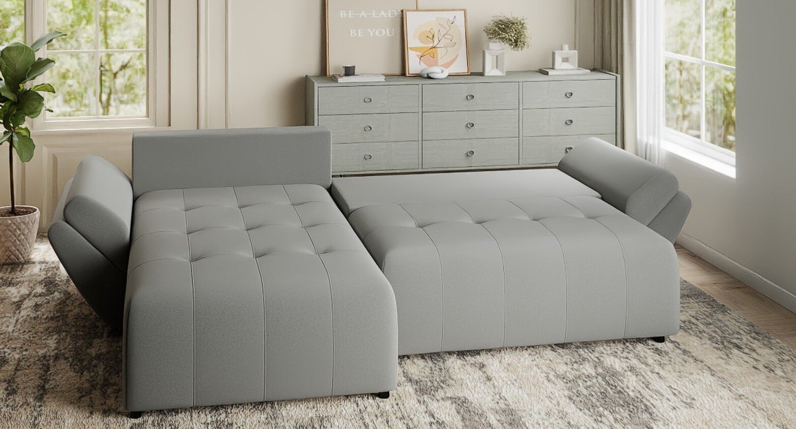 Colțar extensibil dumonde cu ladă de depozitare si sezut confortabil din spuma HR, Berlin Royal Gri 280x185 cm