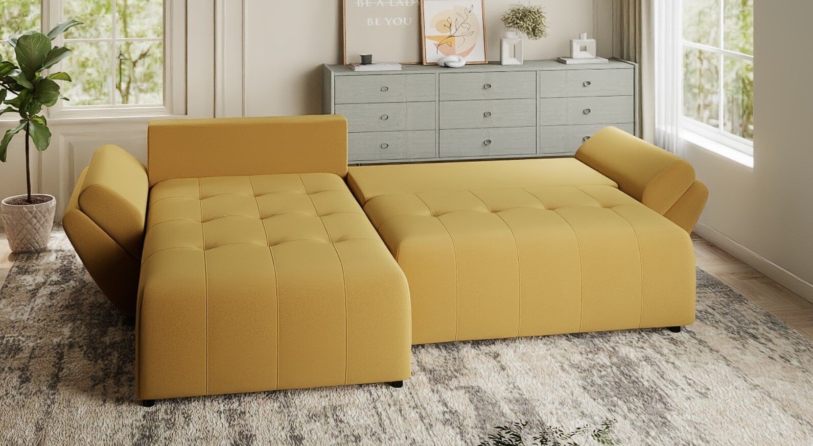 Colțar extensibil dumonde cu ladă de depozitare si sezut confortabil din spuma HR, Berlin Royal Galben Mustar 280x185 cm