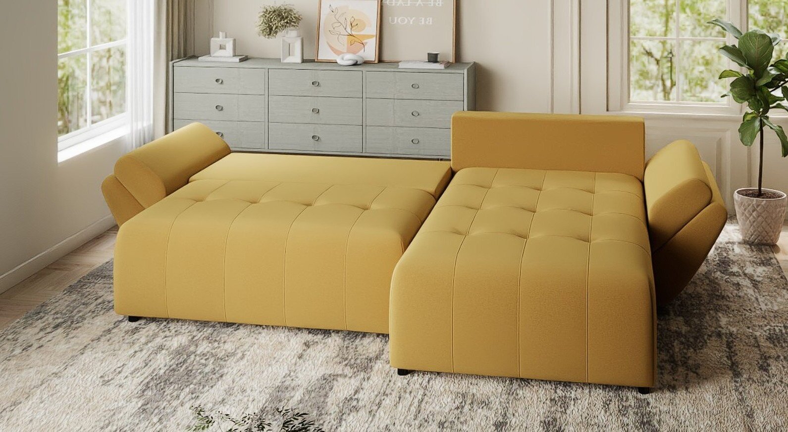 Colțar extensibil dumonde cu ladă de depozitare si sezut confortabil din spuma HR, Berlin Royal Galben Mustar 280x185 cm II