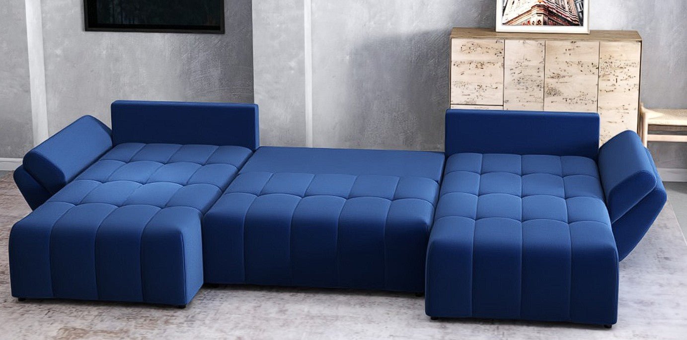 Colțar extensibil dumonde cu ladă de depozitare si sezut confortabil din spuma HR, Berlin U Royal Blue 380x180 cm Fabrica