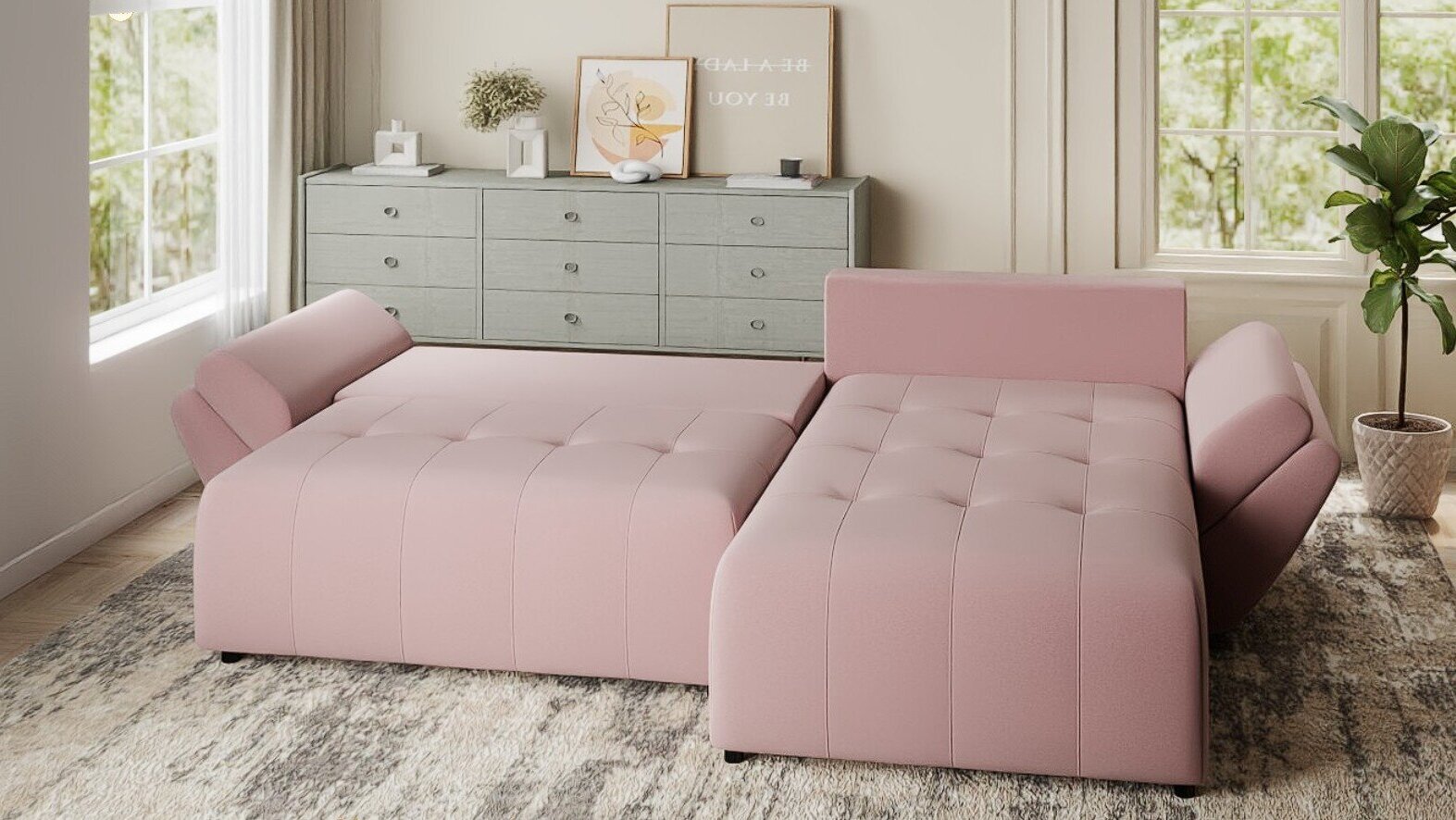 Colțar extensibil dumonde cu ladă de depozitare si sezut confortabil din spuma HR, Berlin Royal Roz 280x185 cm II