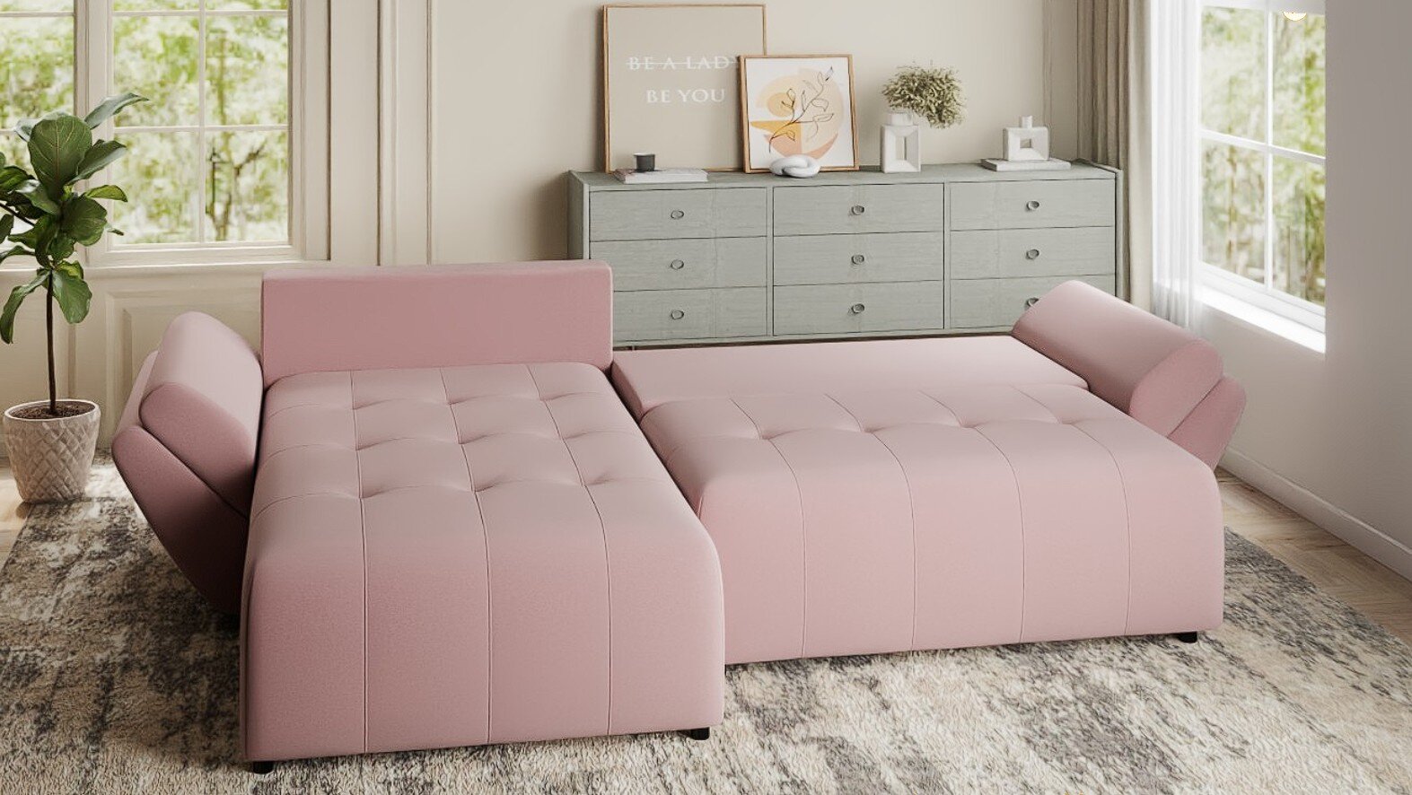 Colțar extensibil dumonde cu ladă de depozitare si sezut confortabil din spuma HR, Berlin Royal Roz 280x185 cm