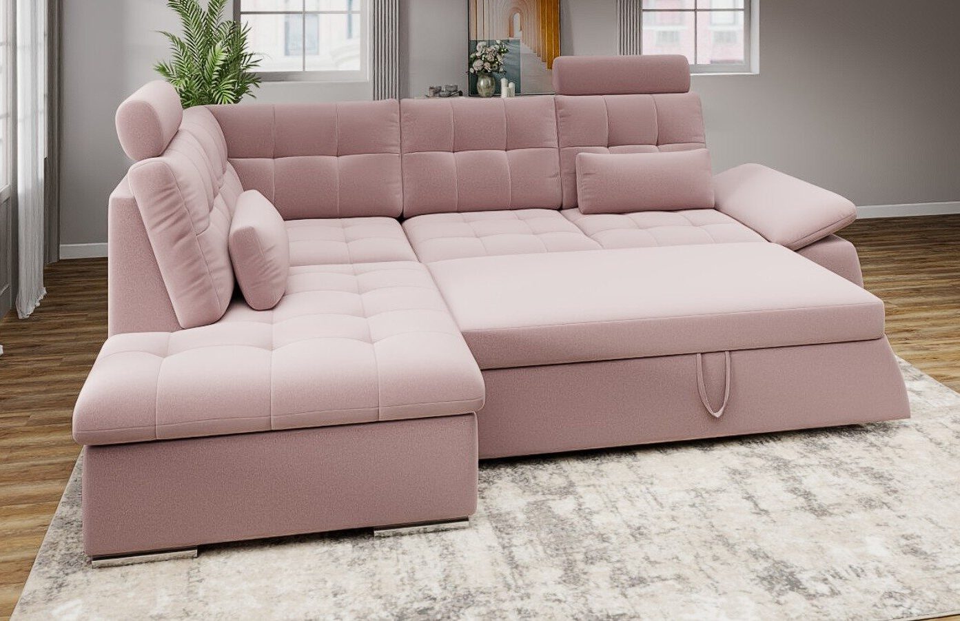 Colțar extensibil dumonde cu ladă de depozitare și șezut confortabil din spumă HR, Merkur XL Royal Roz 256x217 cm