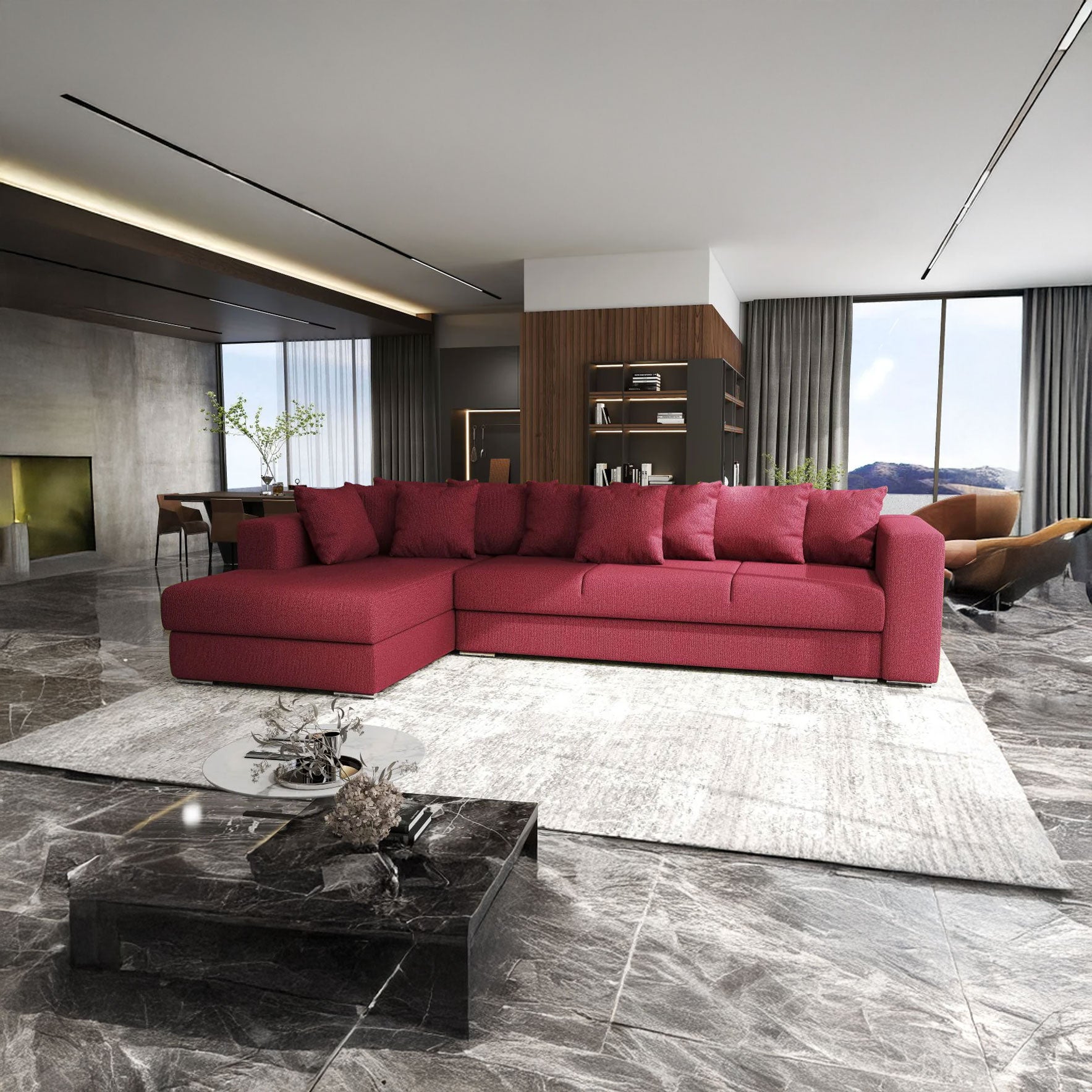 Colțar extensibil dumonde cu ladă de depozitare si sezut confortabil din spuma HR, Gloria Red 320x183 cm Fabrica