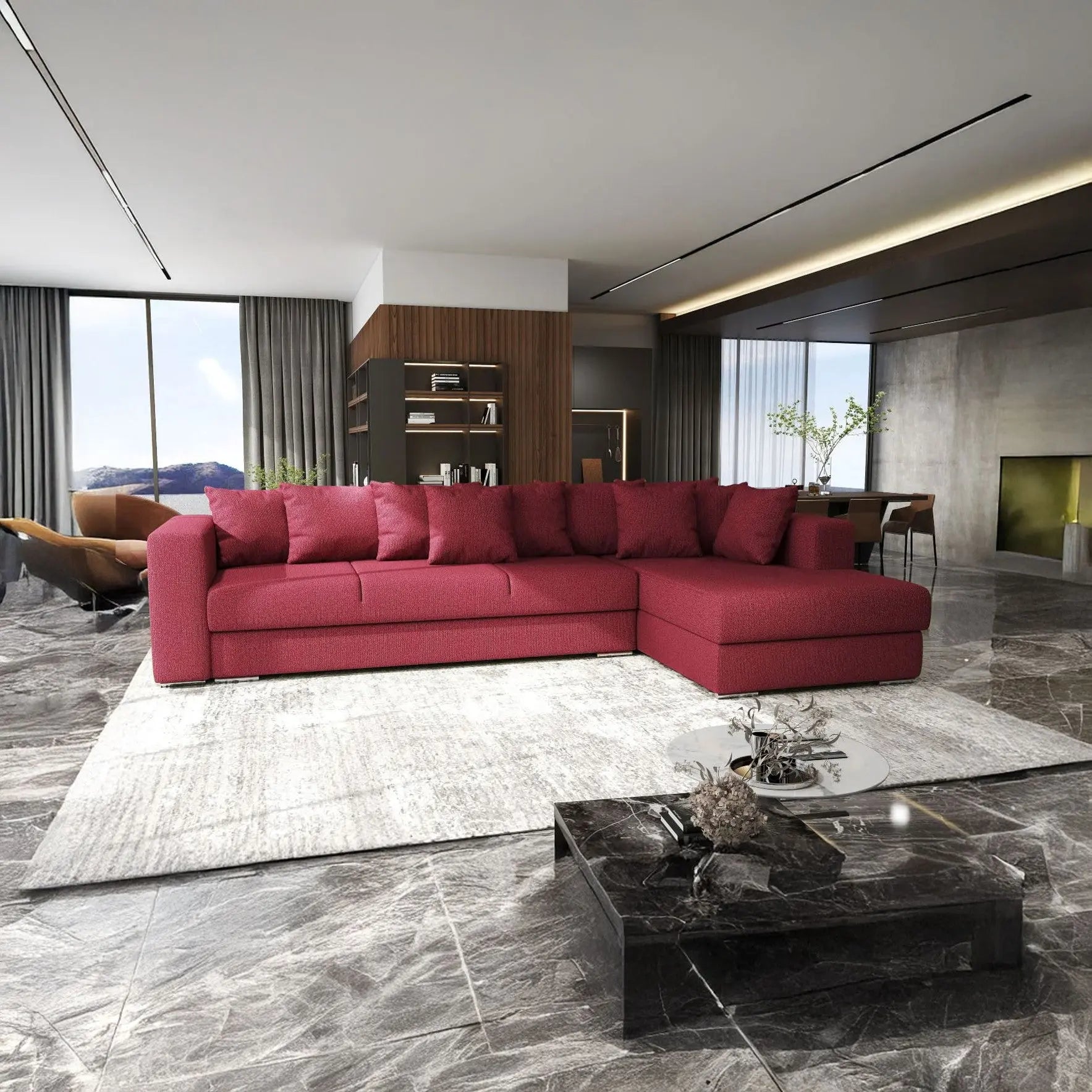 Colțar extensibil dumonde cu ladă de depozitare si sezut confortabil din spuma HR, Gloria Red II 320x183 cm Fabrica