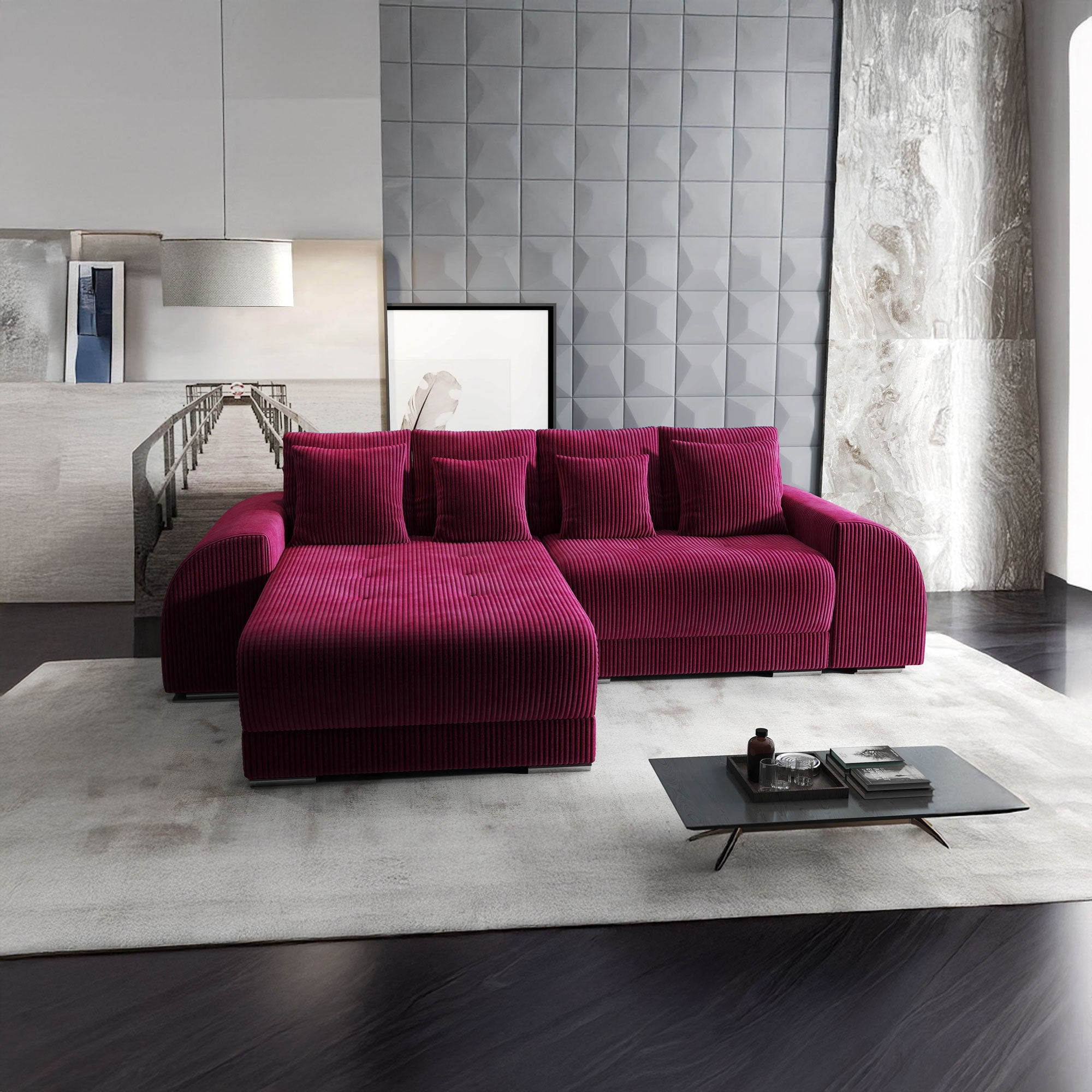 Colțar extensibil dumonde cu ladă de depozitare si sezut confortabil din spuma HR, Verona Zoom Rosu 290x185 cm Fabrica