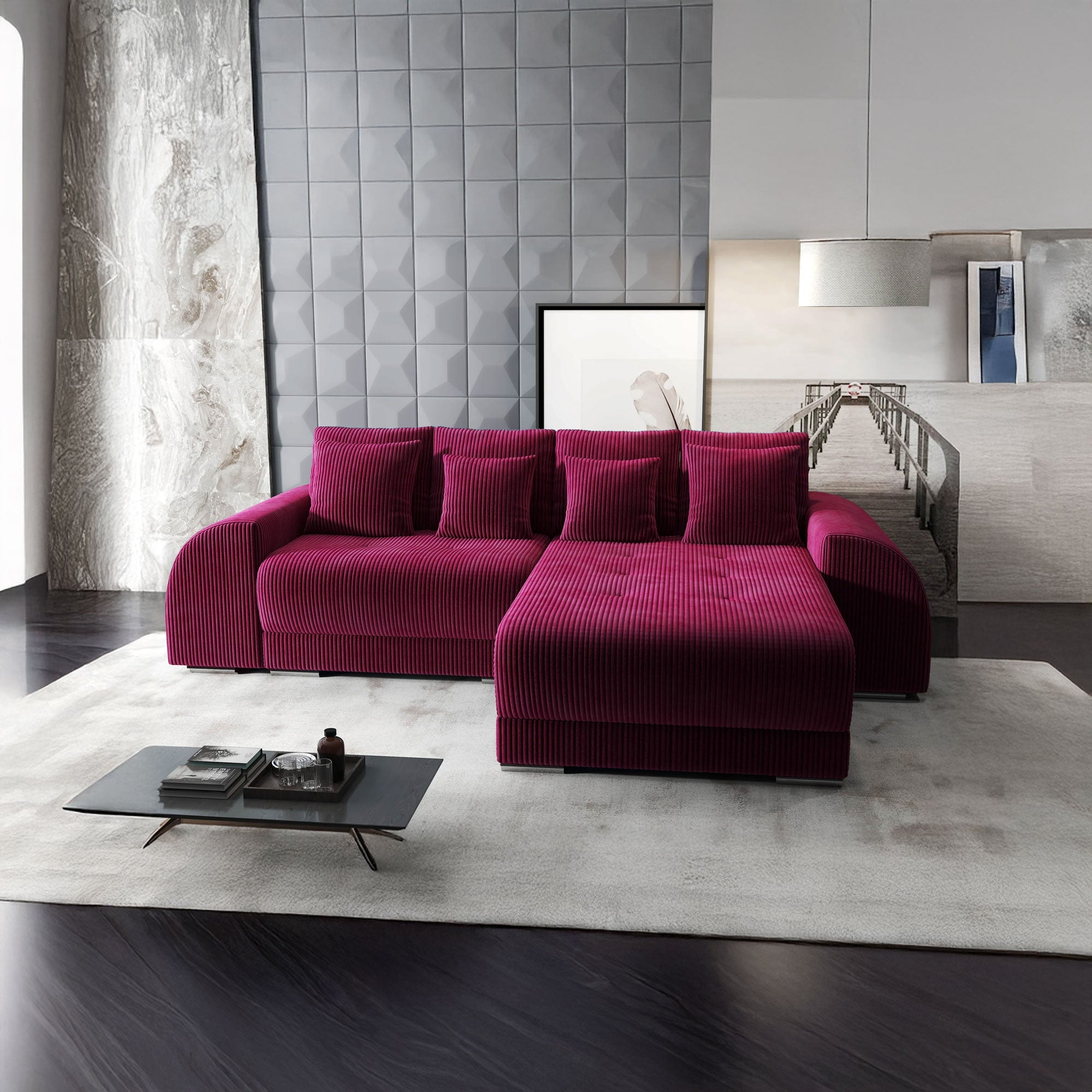 Colțar extensibil dumonde cu ladă de depozitare si sezut confortabil din spuma HR, Verona Zoom Rosu II 290x185 cm Fabrica