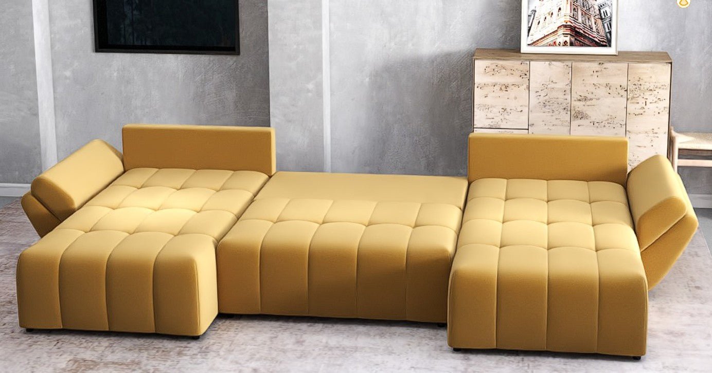 Colțar extensibil dumonde cu ladă de depozitare si sezut confortabil din spuma HR, Berlin U Royal Mustar 380x180 cm Fabrica