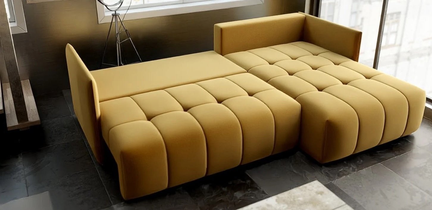 Colțar extensibil dumonde cu ladă de depozitare si sezut confortabil din spuma HR, Malta Royal Muștar II 235x185 cm Fabrica