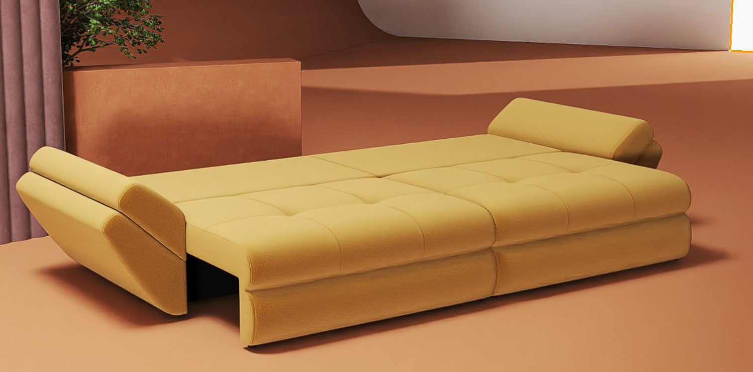 Canapea extensibilă dumonde cu ladă de depozitare si sezut confortabil din spuma HR, Loana Royal Mustar 300x100 cm Fabrica