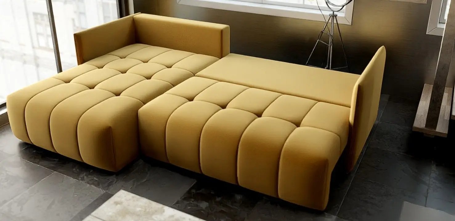 Colțar extensibil dumonde cu ladă de depozitare si sezut confortabil din spuma HR, Malta Royal Muștar 235x185 cm Fabrica