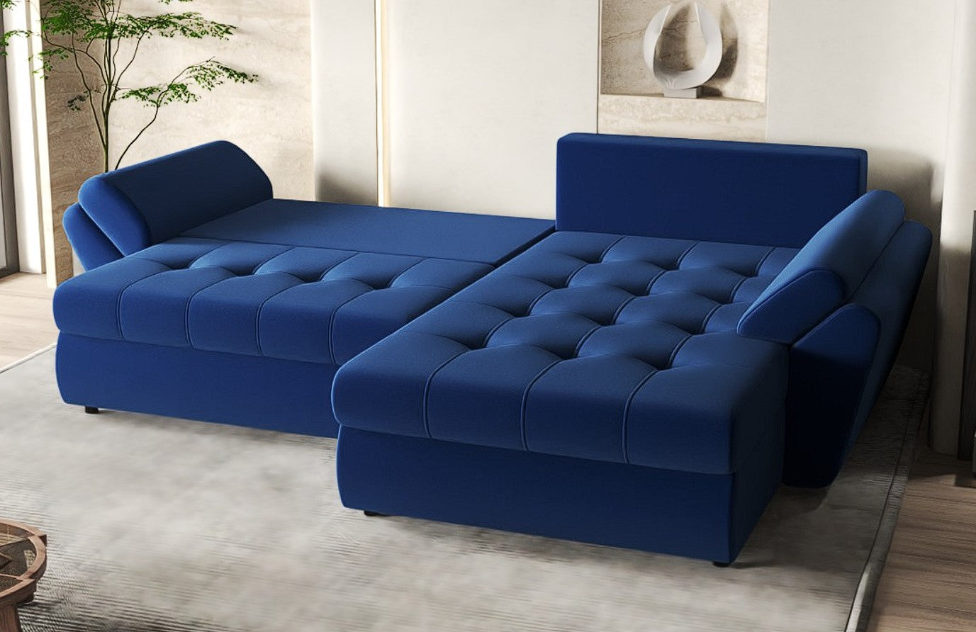 Colțar extensibil dumonde cu ladă de depozitare si sezut confortabil din spuma HR, Loana Royal Blue II 270x185 cm Fabrica