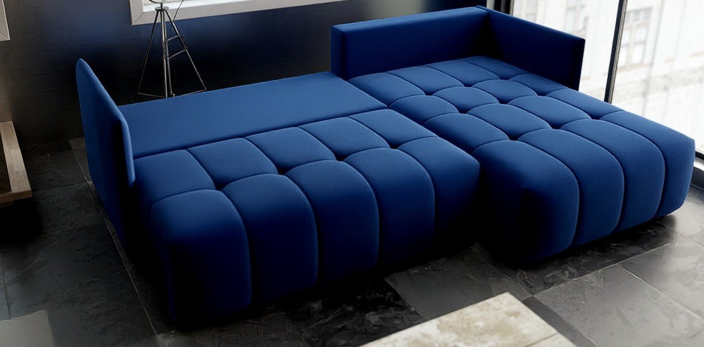Colțar extensibil dumonde cu ladă de depozitare si sezut confortabil din spuma HR, Malta Royal Blue II 235x185 cm Fabrica