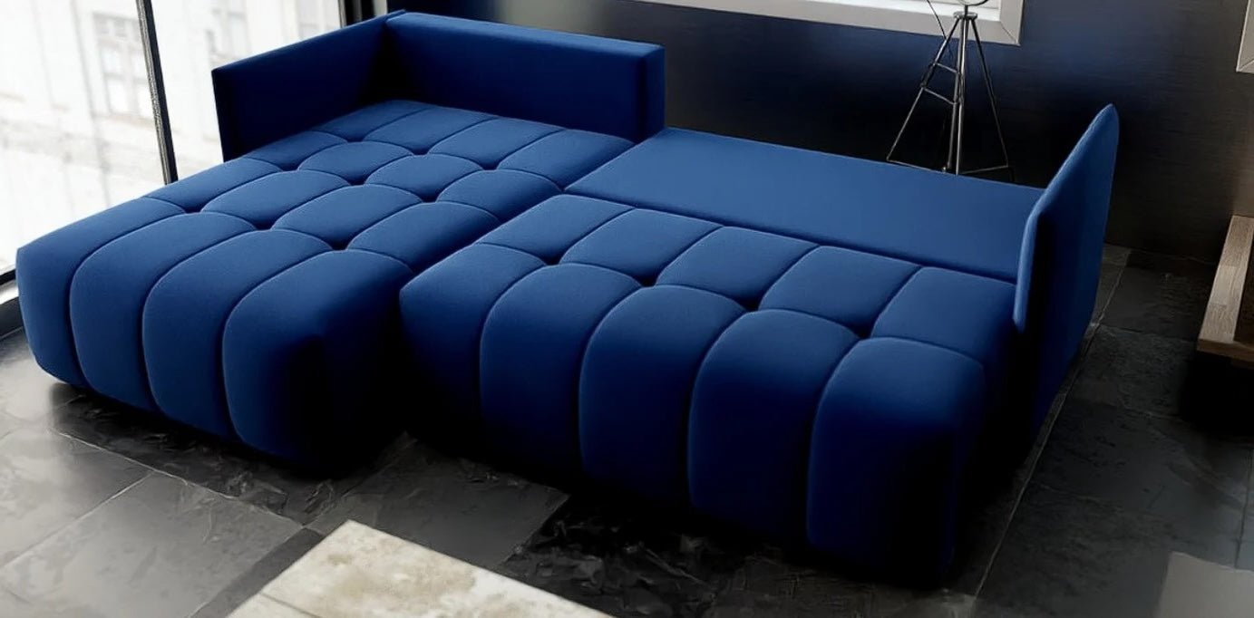 Colțar extensibil dumonde cu ladă de depozitare si sezut confortabil din spuma HR, Malta Royal Blue 235x185 cm Fabrica
