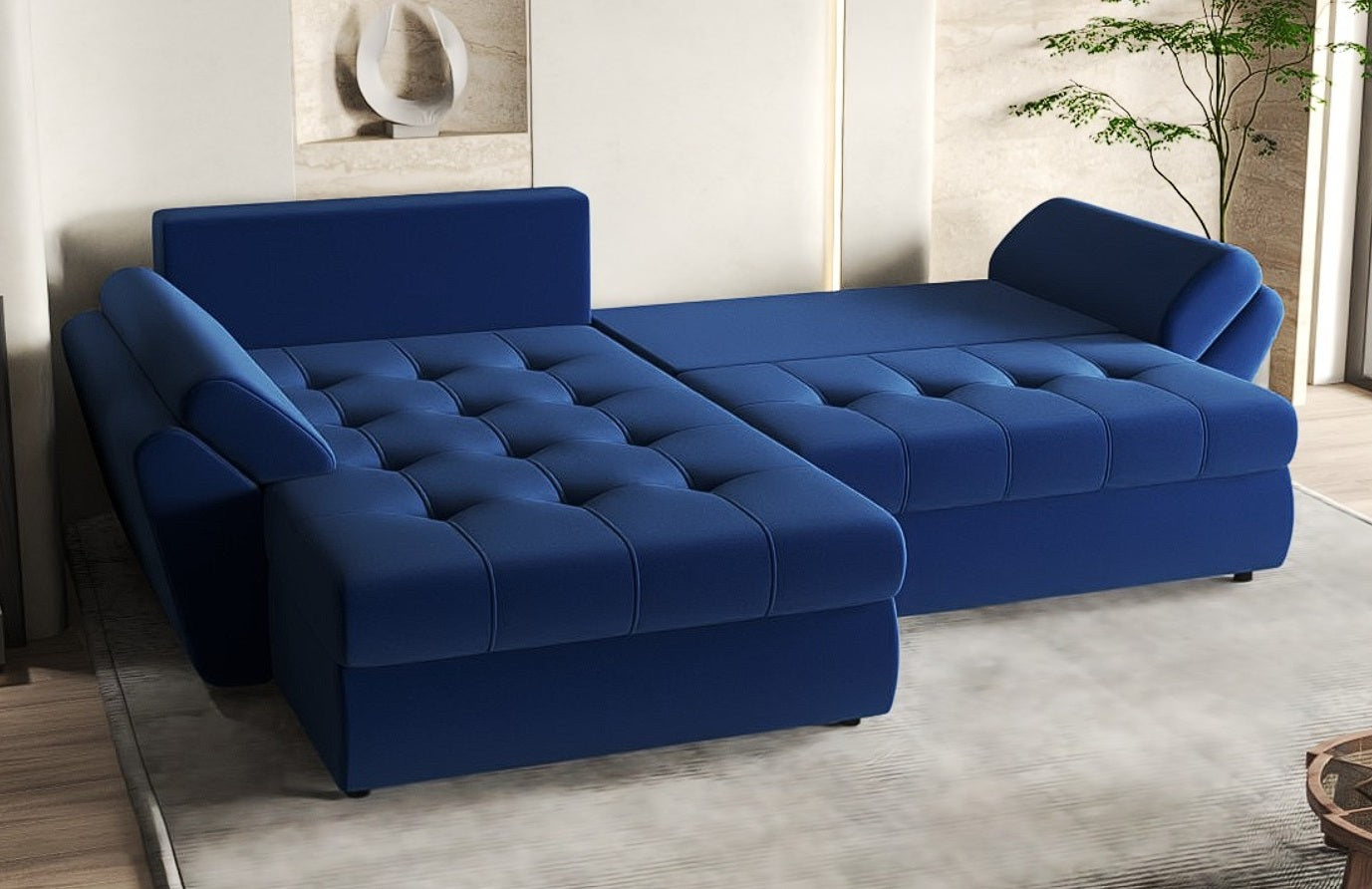 Colțar extensibil dumonde cu ladă de depozitare si sezut confortabil din spuma HR, Loana Royal Blue 270x185 cm Fabrica