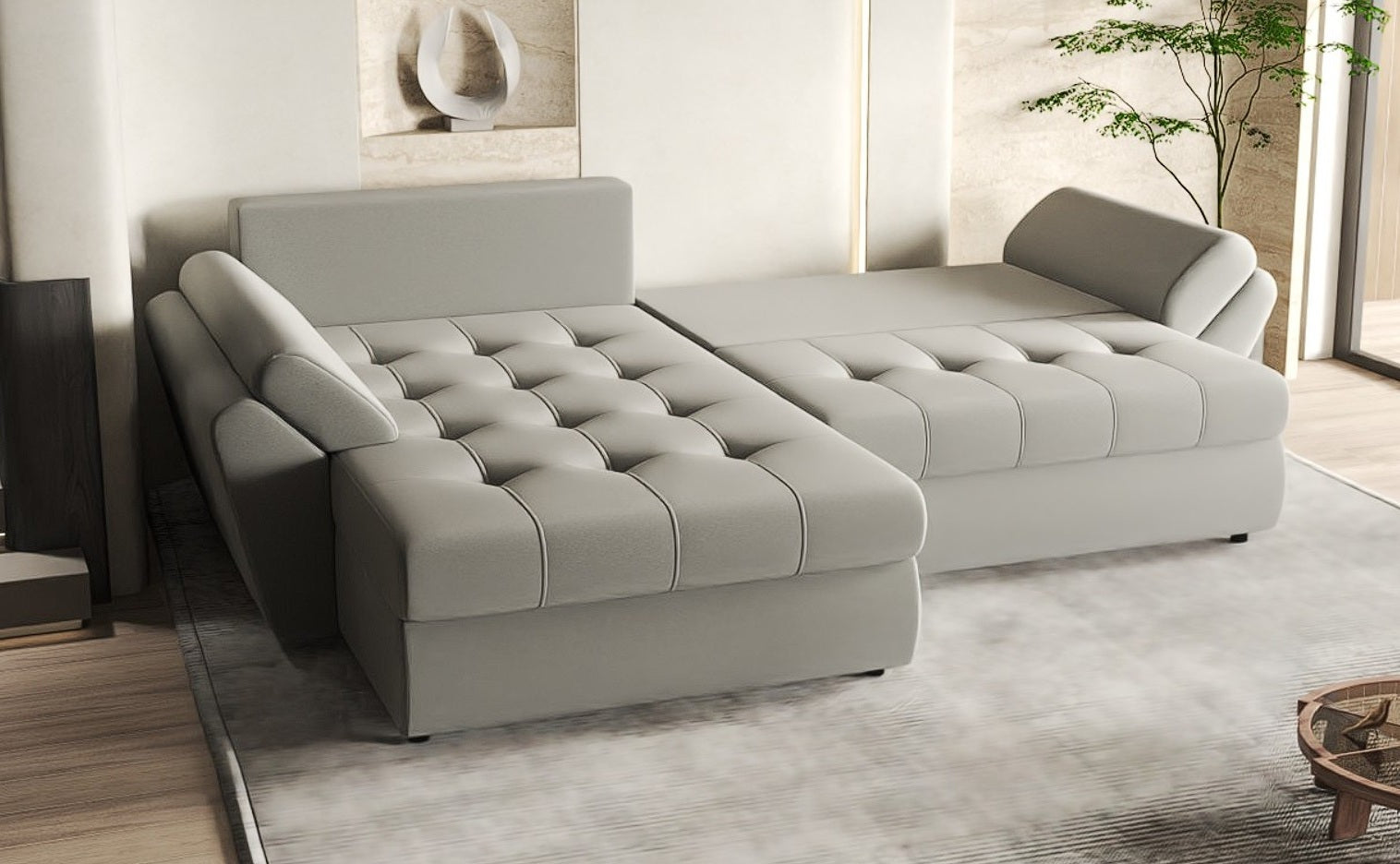 Colțar extensibil dumonde cu ladă de depozitare si sezut confortabil din spuma HR, Loana Royal Grey 270x185 cm Fabrica