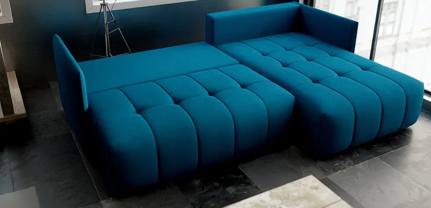 Colțar extensibil dumonde cu ladă de depozitare si sezut confortabil din spuma HR, Malta Verde Petrol II 235x185 cm Fabrica