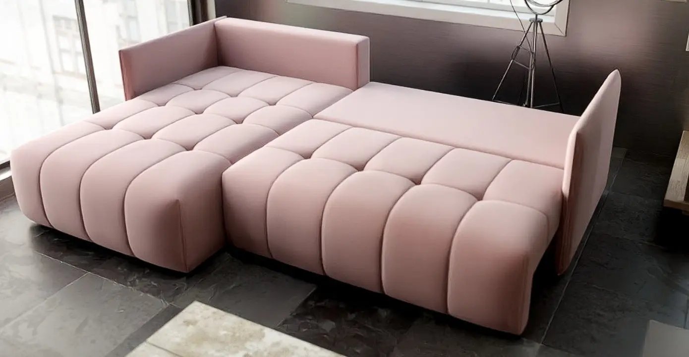 Colțar extensibil dumonde cu ladă de depozitare si sezut confortabil din spuma HR, Malta Royal Roz 235x185 cm Fabrica