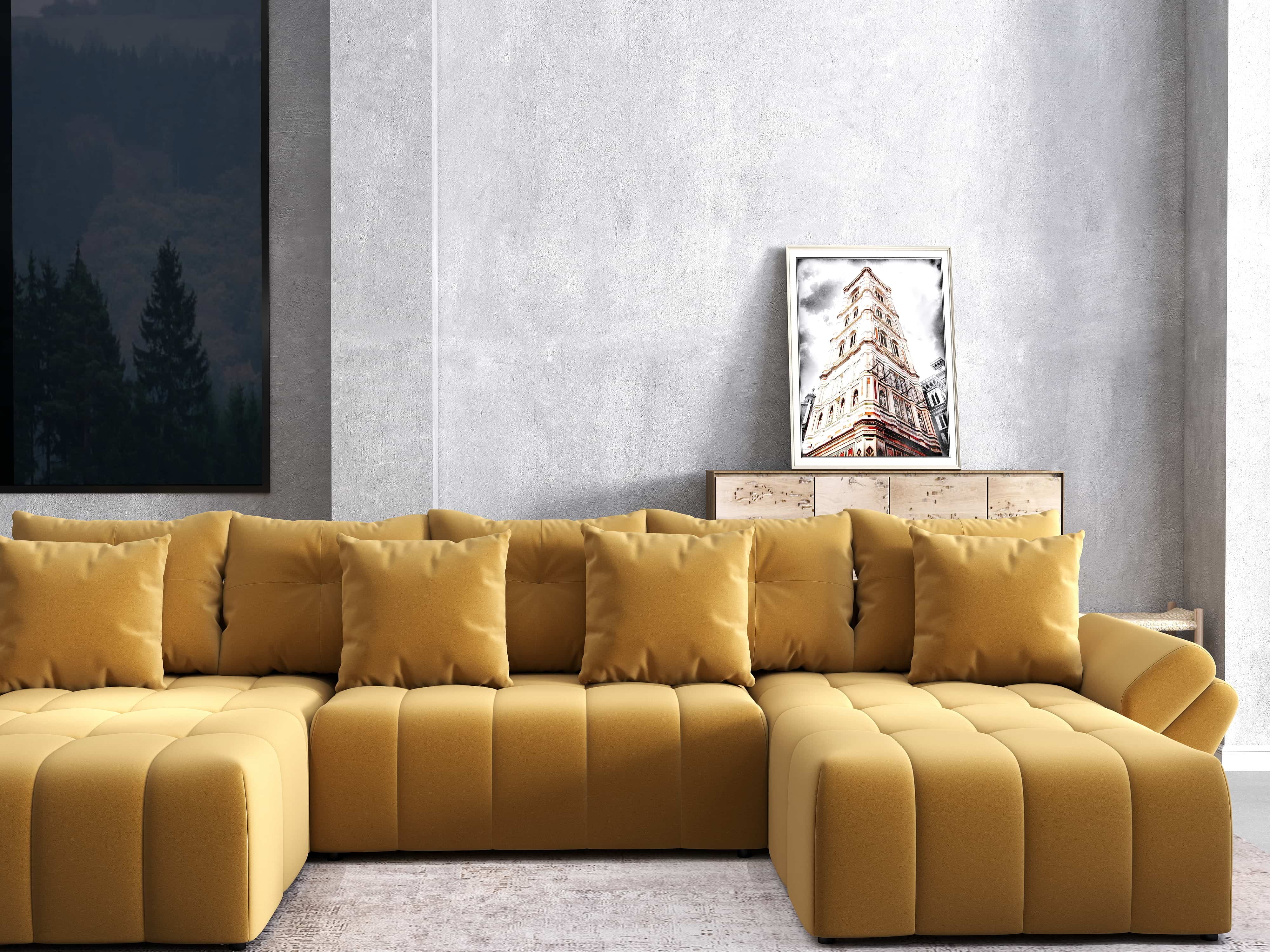 Colțar extensibil dumonde cu ladă de depozitare si sezut confortabil din spuma HR, Berlin U Royal Mustar 380x180 cm Fabrica