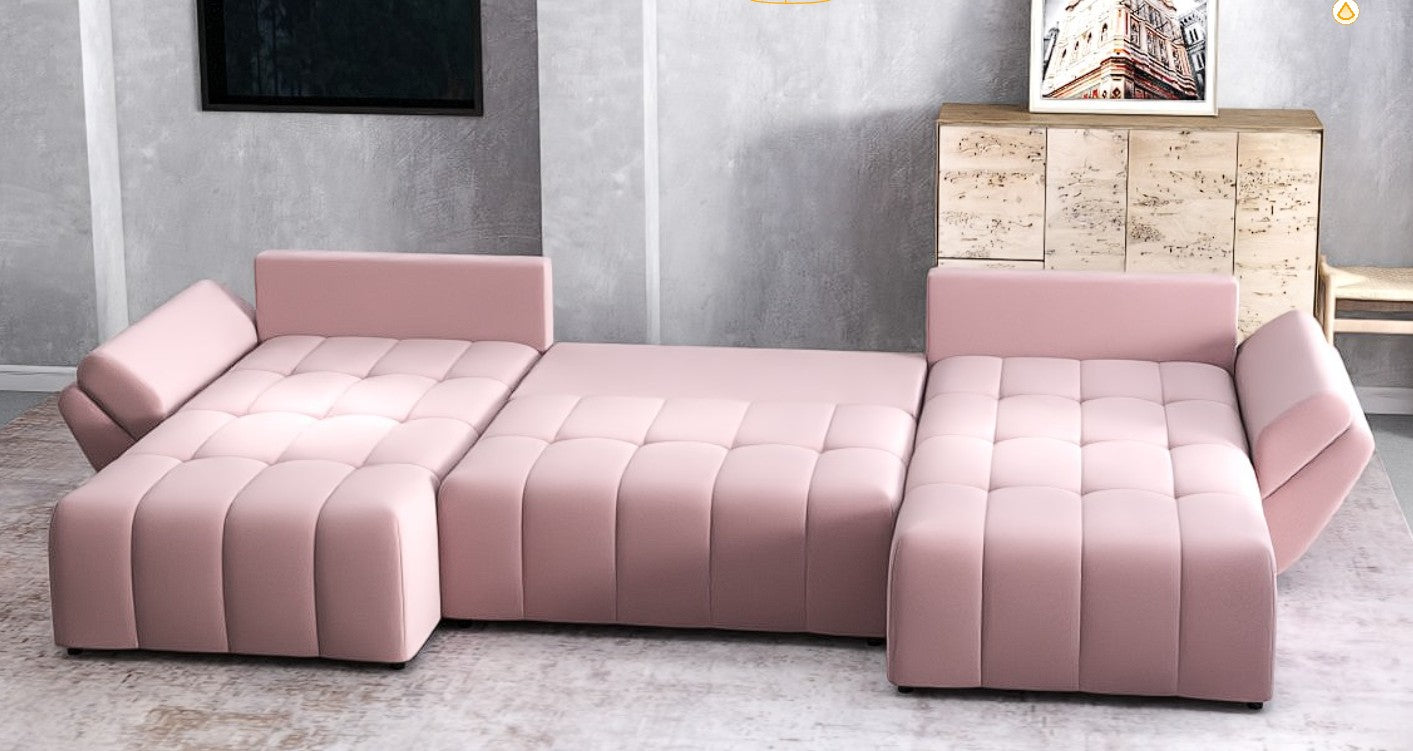 Colțar extensibil dumonde cu ladă de depozitare si sezut confortabil din spuma HR, Berlin U Royal Roz 380x180 cm Fabrica