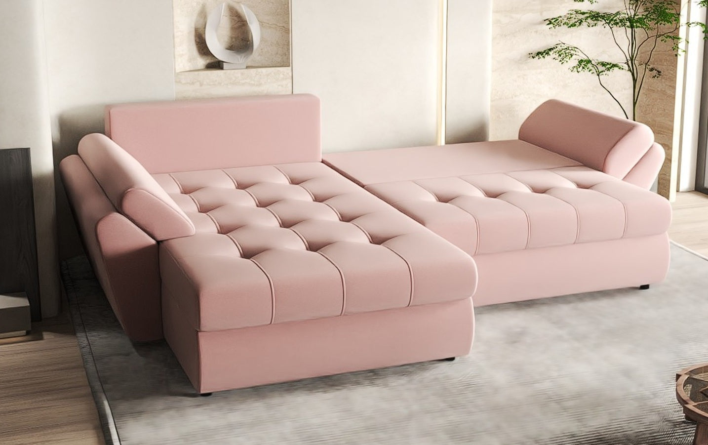 Colțar extensibil dumonde cu ladă de depozitare si sezut confortabil din spuma HR, Loana Royal Pink 270x185 cm Fabrica