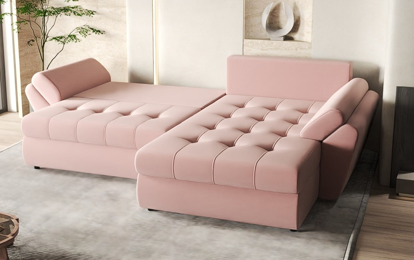 Colțar extensibil dumonde cu ladă de depozitare si sezut confortabil din spuma HR, Loana Royal Pink II 270x185 cm Fabrica