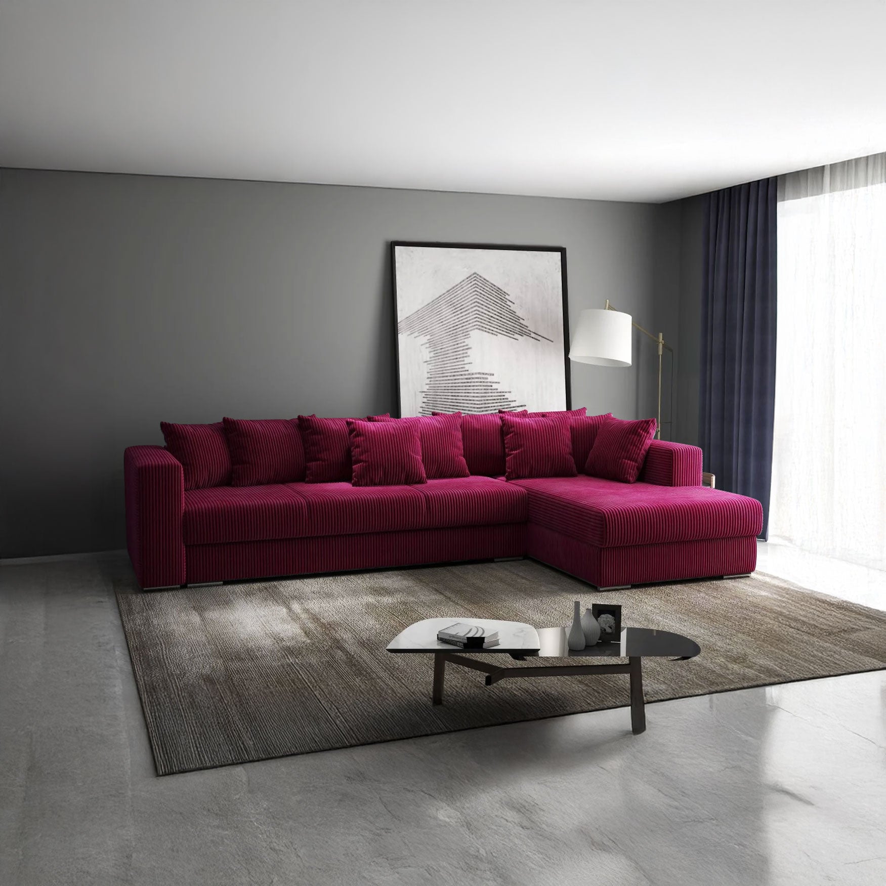 Colțar extensibil dumonde cu ladă de depozitare si sezut confortabil din spuma HR, Gloria Bordeaux Zoom II 320x183 cm Fabrica