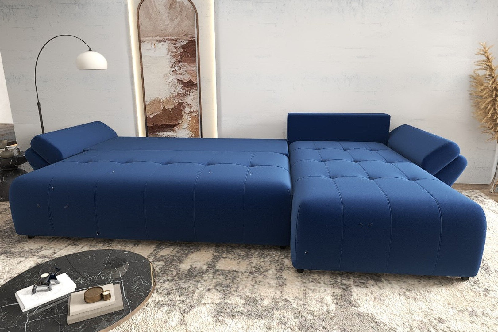 Colțar extensibil dumonde cu ladă de depozitare si sezut confortabil din spuma HR, Berlin XL Royal Albastru 350x185 cm II