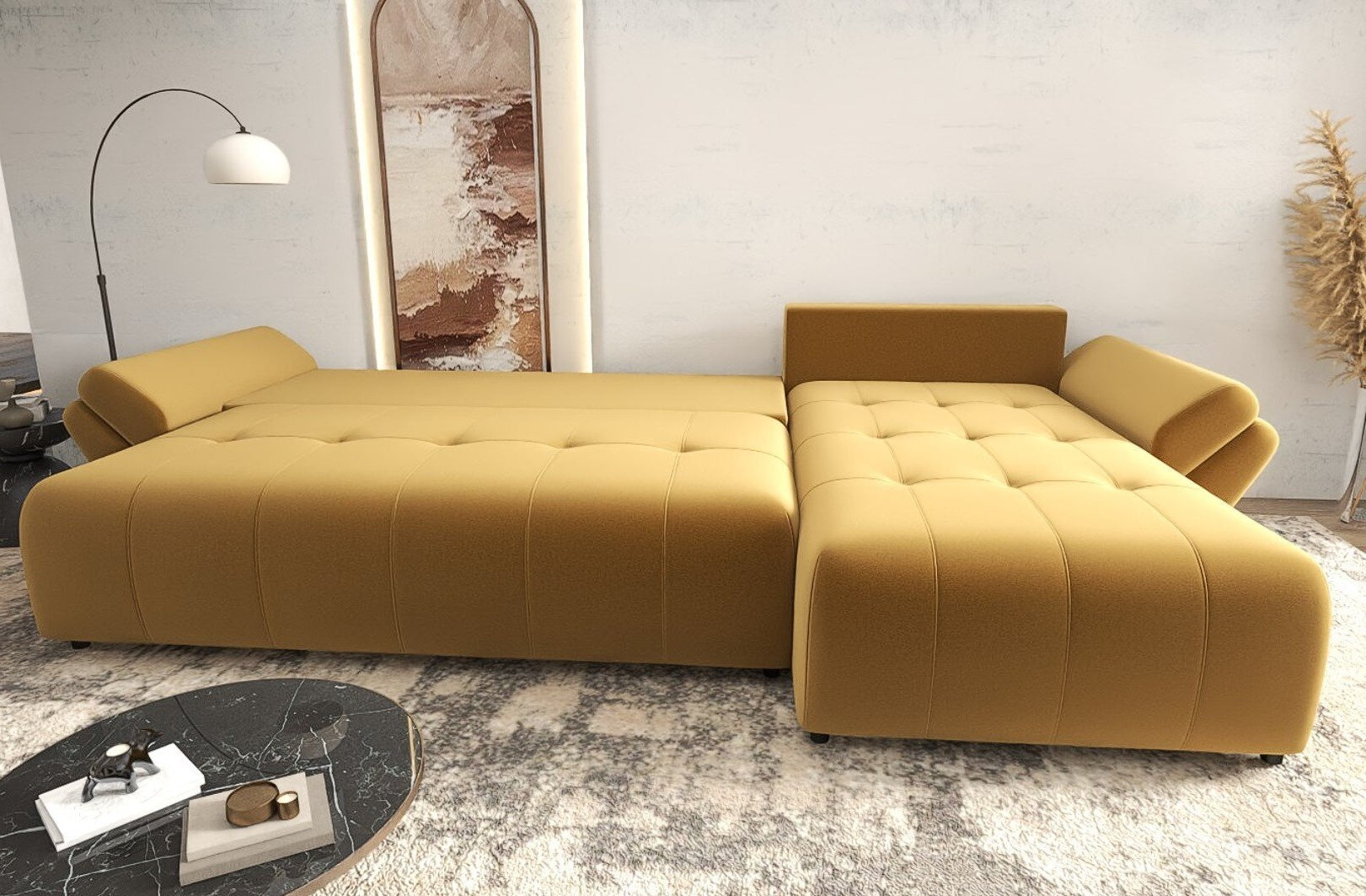 Colțar extensibil dumonde cu ladă de depozitare si sezut confortabil din spuma HR, Berlin XL Royal Mustar 350x185 cm II