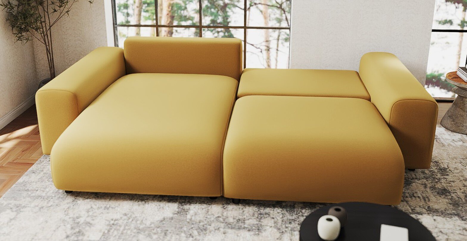 Colțar extensibil dumonde cu ladă de depozitare si sezut confortabil din spuma HR, Sarina Royal Mustar 255x168 cm