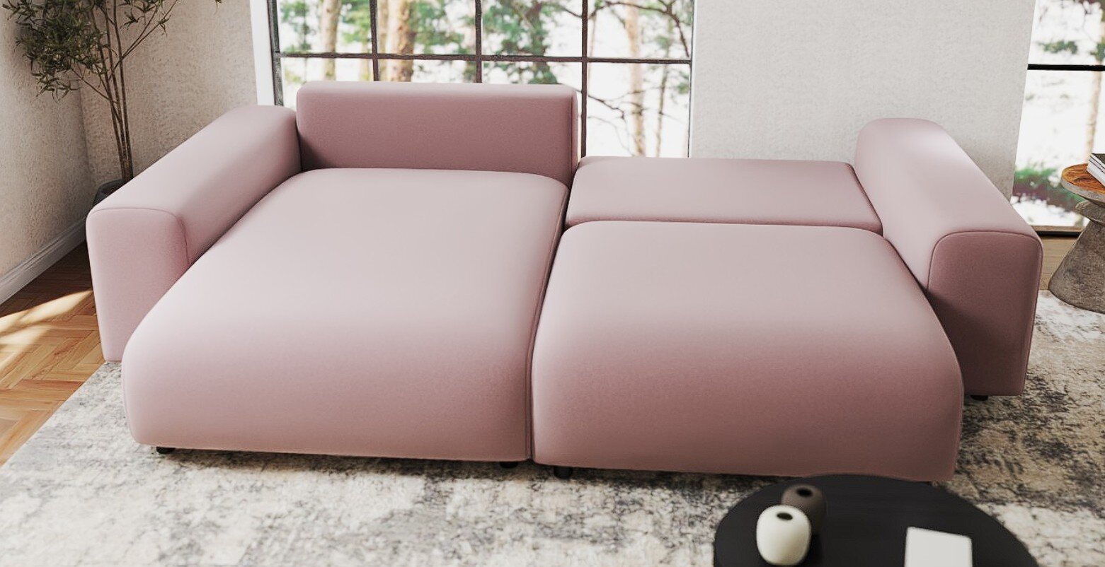 Colțar extensibil dumonde cu ladă de depozitare si sezut confortabil din spuma HR, Sarina Royal Roz 255x168 cm