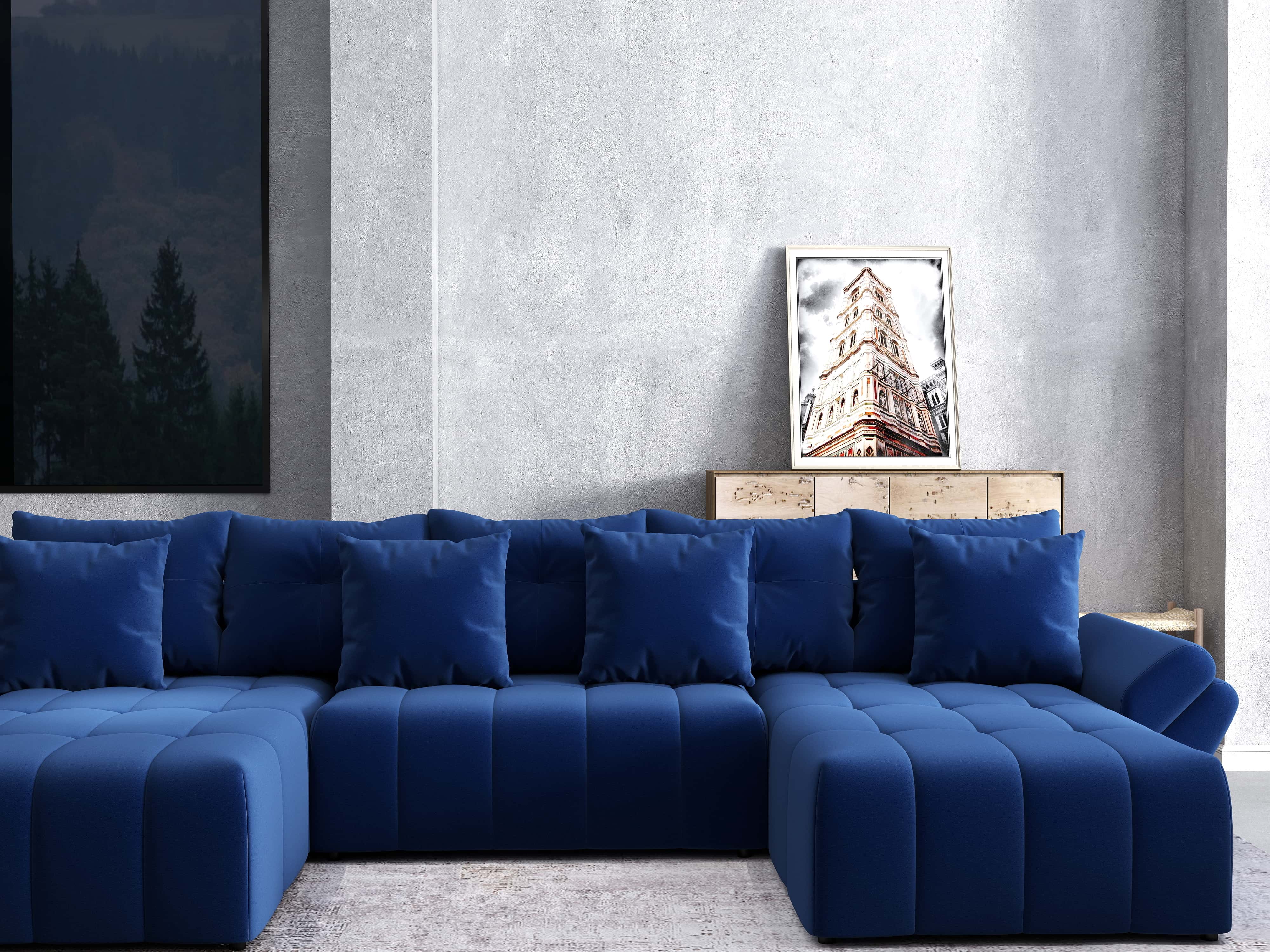 Colțar extensibil dumonde cu ladă de depozitare si sezut confortabil din spuma HR, Berlin U Royal Blue 380x180 cm Fabrica