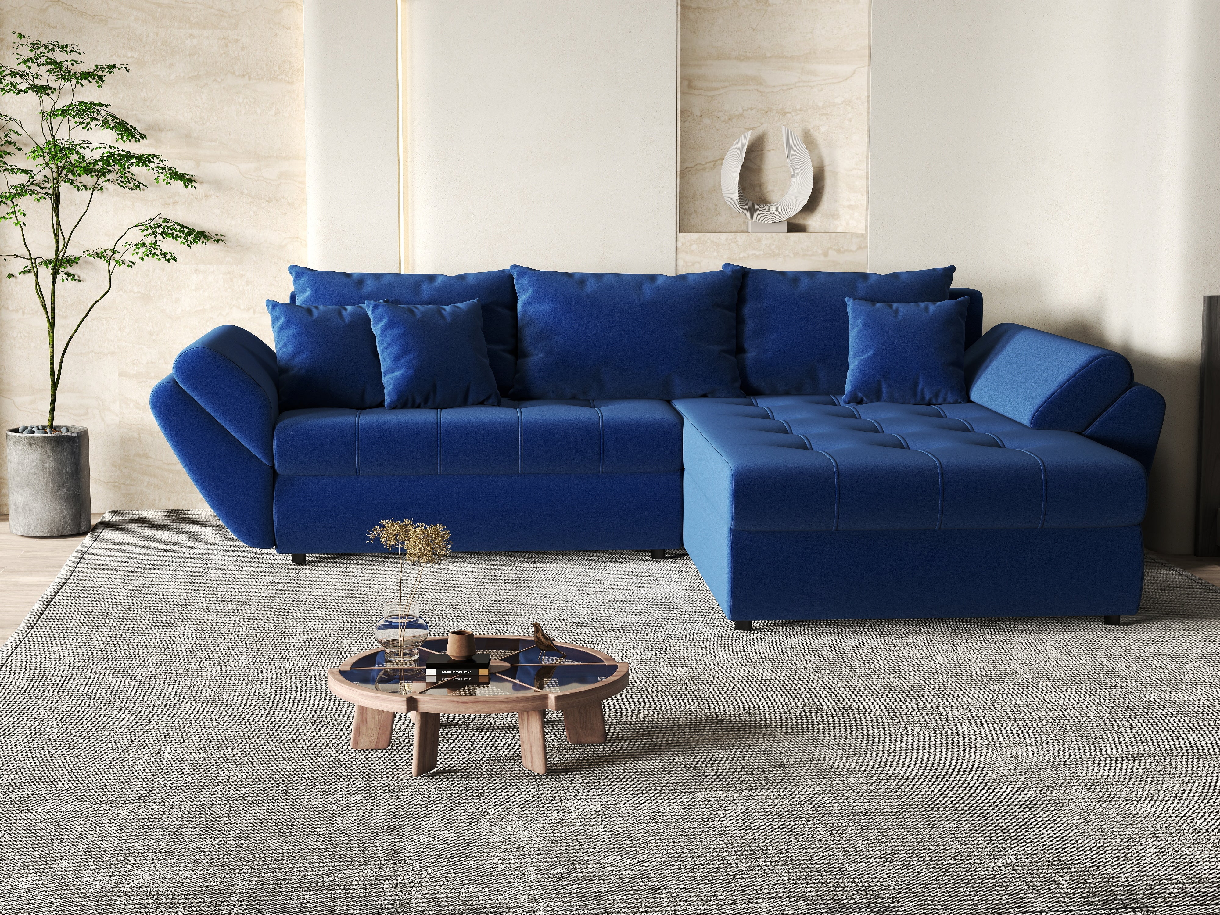 Colțar extensibil dumonde cu ladă de depozitare si sezut confortabil din spuma HR, Loana Royal Blue II 270x185 cm Fabrica