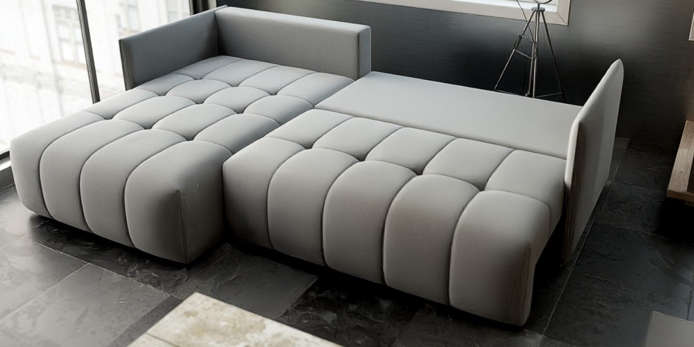 Colțar extensibil dumonde cu ladă de depozitare si sezut confortabil din spuma HR, Malta Royal Grey 235x185 cm Fabrica