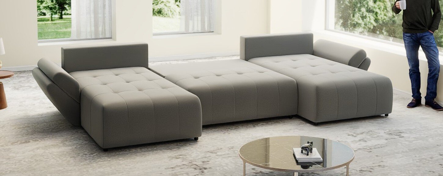 Colțar extensibil dumonde cu ladă de depozitare si sezut confortabil din spuma HR, Berlin U Royal Grey 380x180 cm