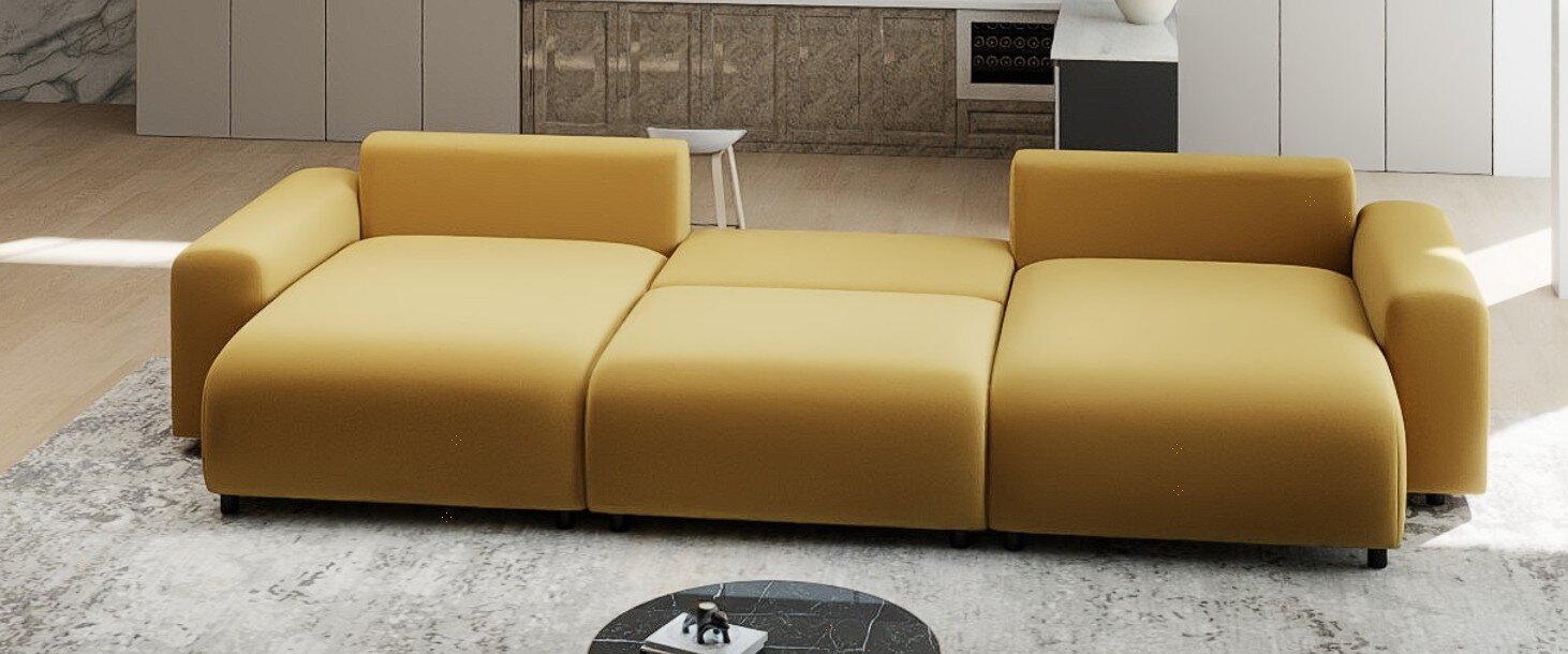 Colțar extensibil dumonde cu ladă de depozitare si sezut confortabil din spuma HR, Luma U Royal Mustar 336x140 cm