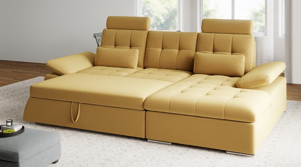 Colțar extensibil dumonde cu ladă de depozitare și șezut confortabil din spumă HR, Merkur Royal Mustar 270x168 cm II