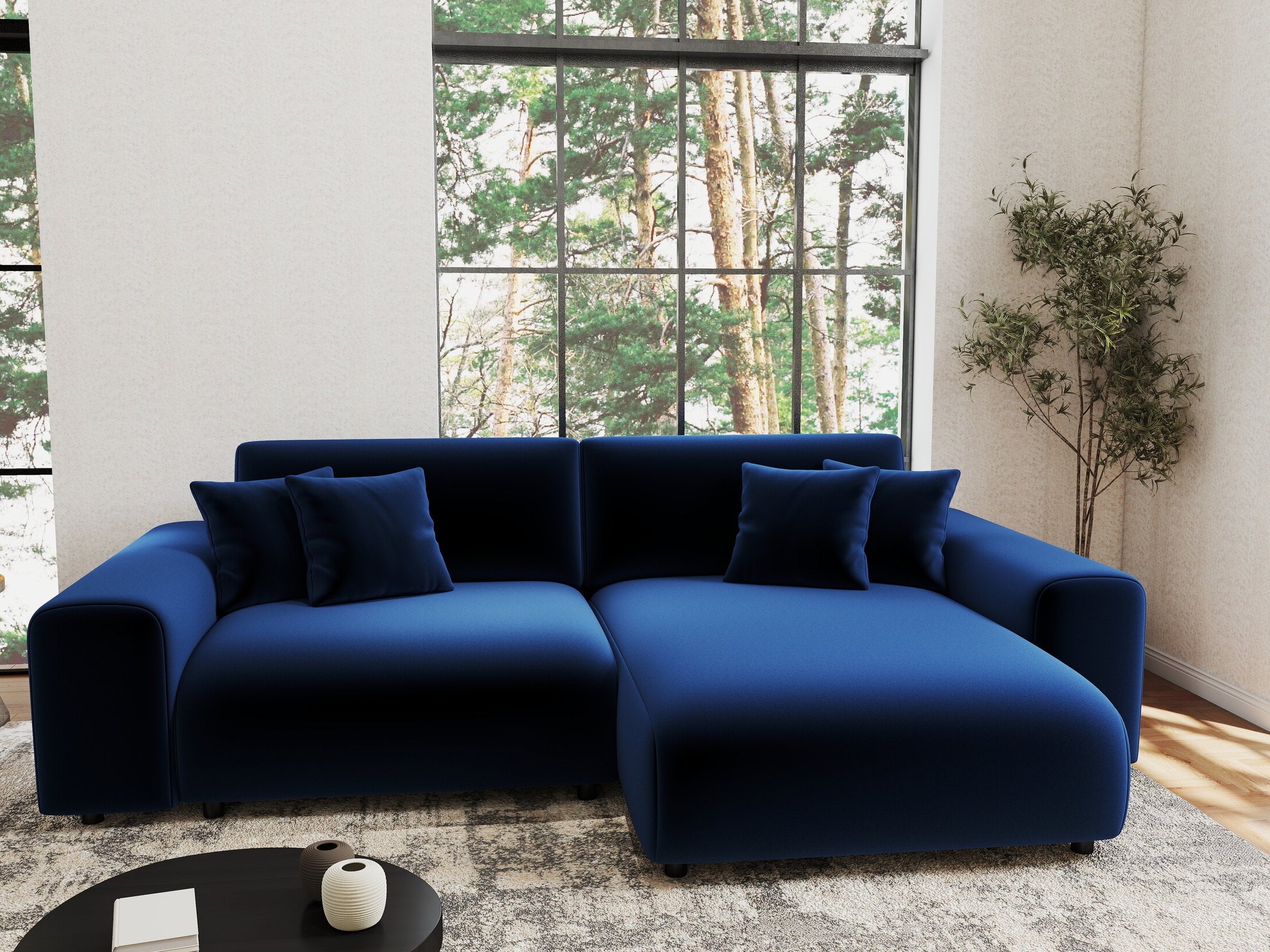 Colțar extensibil dumonde cu ladă de depozitare si sezut confortabil din spuma HR, Sarina Royal Albastru Navy 255x168 cm II