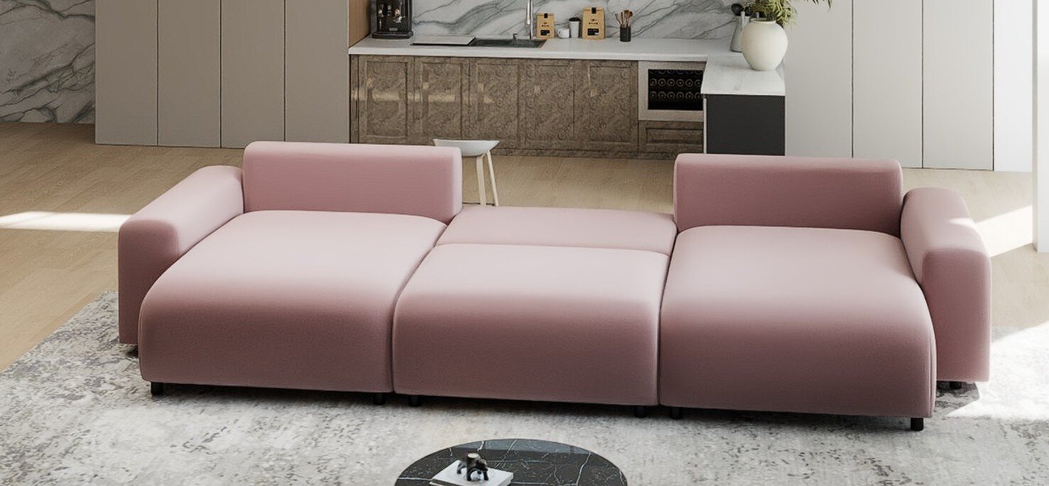 Colțar extensibil dumonde cu ladă de depozitare si sezut confortabil din spuma HR, Luma U Royal Roz 336x140 cm