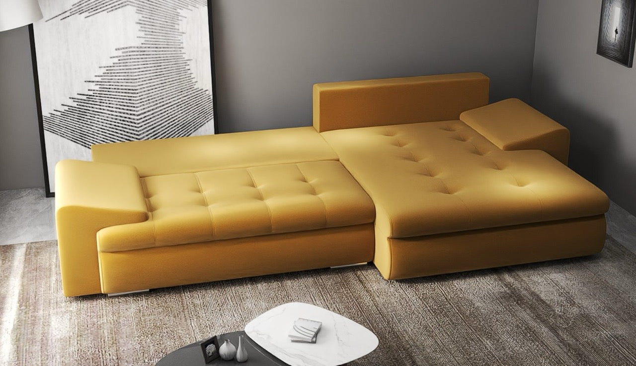 Colțar extensibil dumonde cu ladă de depozitare si sezut confortabil din spuma HR, Leonardo Royal Mustar 260x185 cm II Fabrica