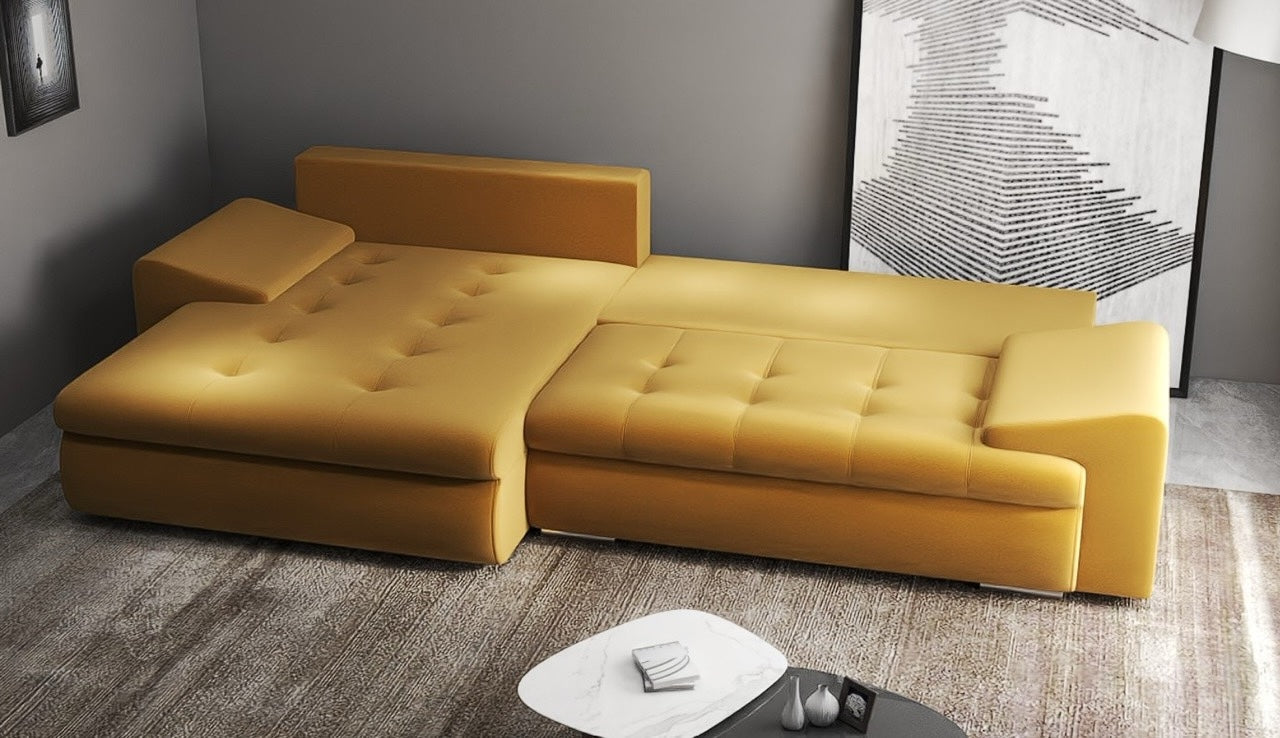 Colțar extensibil dumonde cu ladă de depozitare si sezut confortabil din spuma HR, Leonardo Royal Mustar 260x185 cm Fabrica